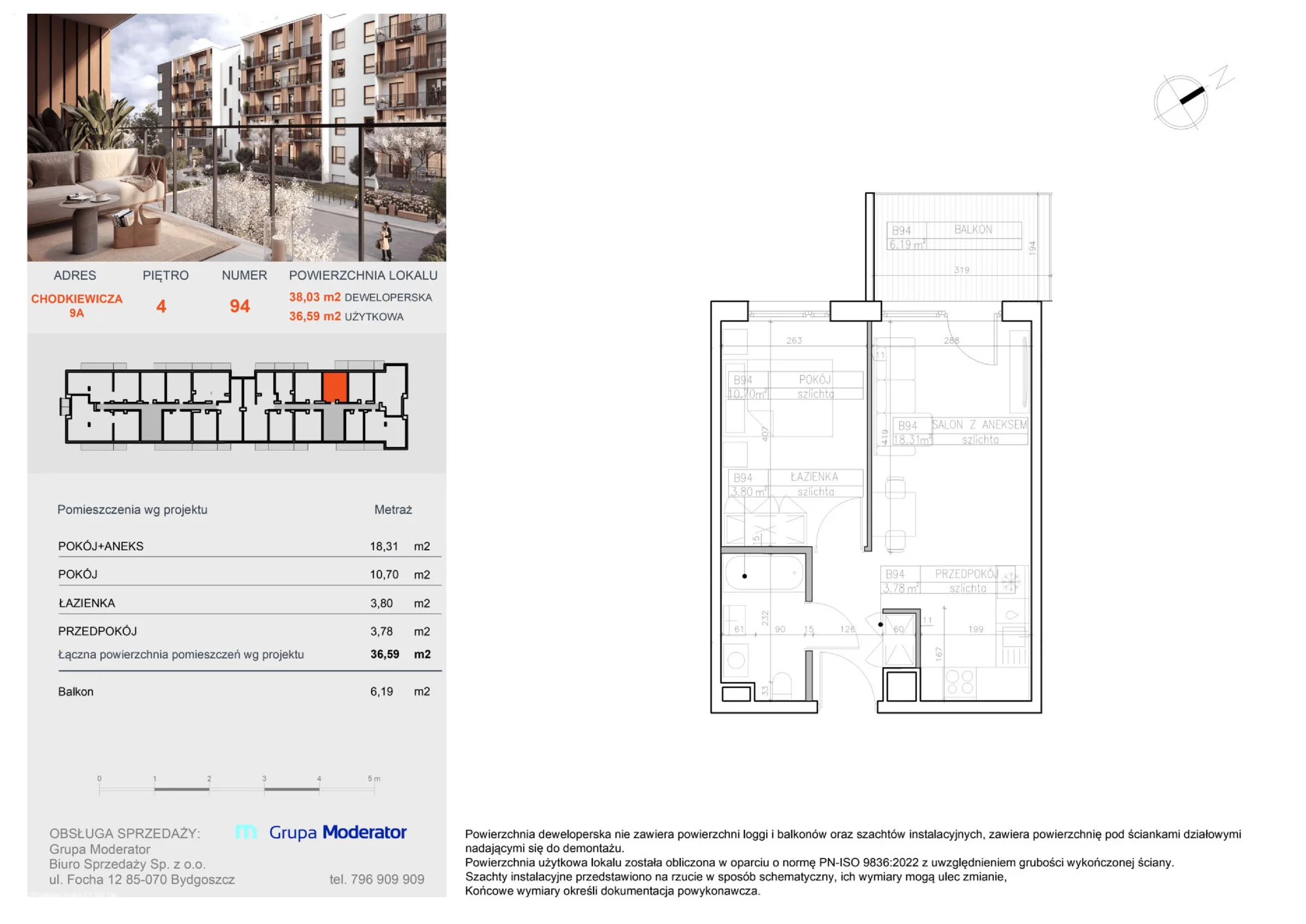 Apartament 36,59 m², piętro 4, oferta nr B94, Osiedle Symfonia, Bydgoszcz, Bielawy, ul. Jana Karola Chodkiewicza 9