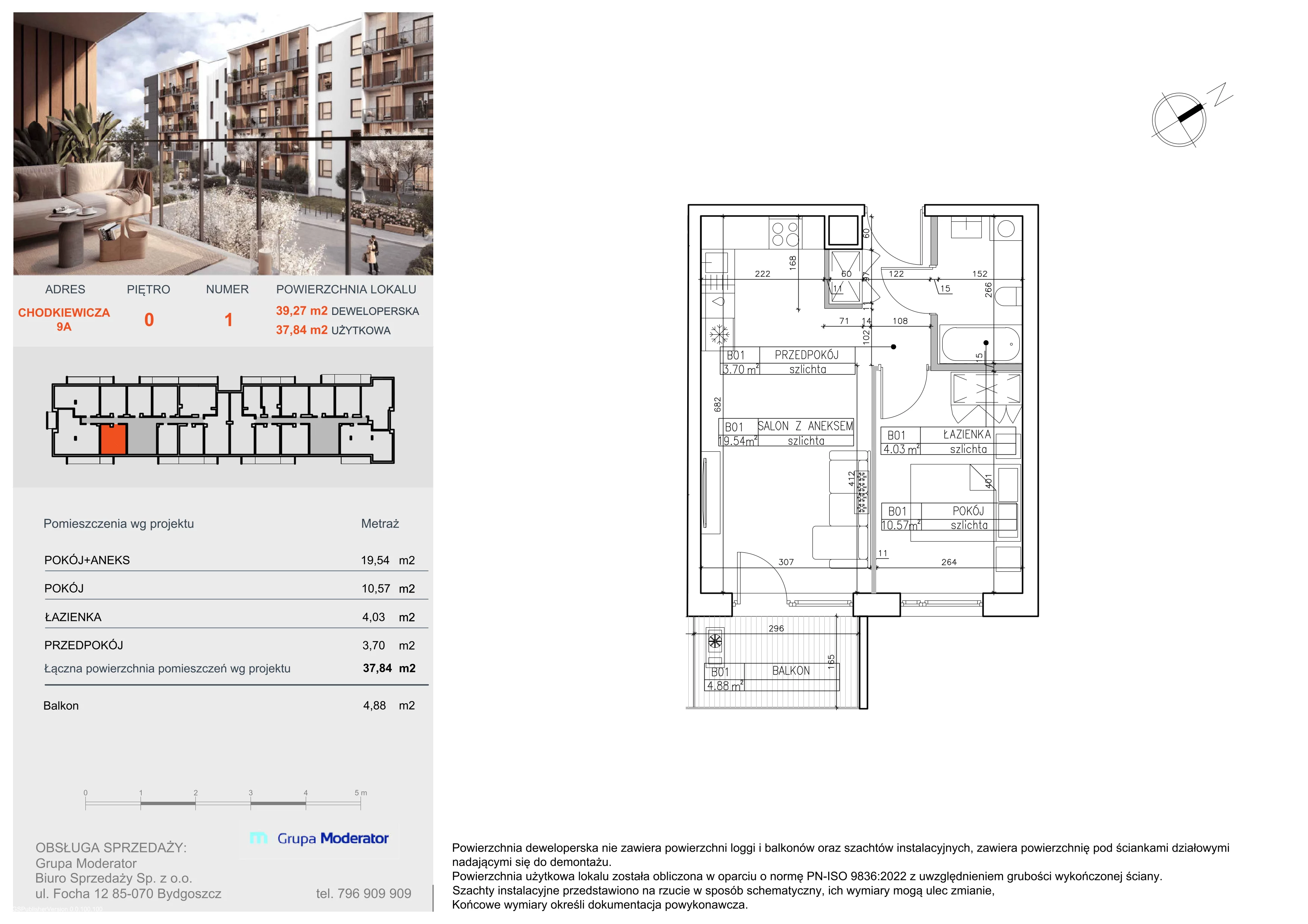 2 pokoje, mieszkanie 37,84 m², parter, oferta nr B1, Osiedle Symfonia, Bydgoszcz, Bielawy, ul. Jana Karola Chodkiewicza 9