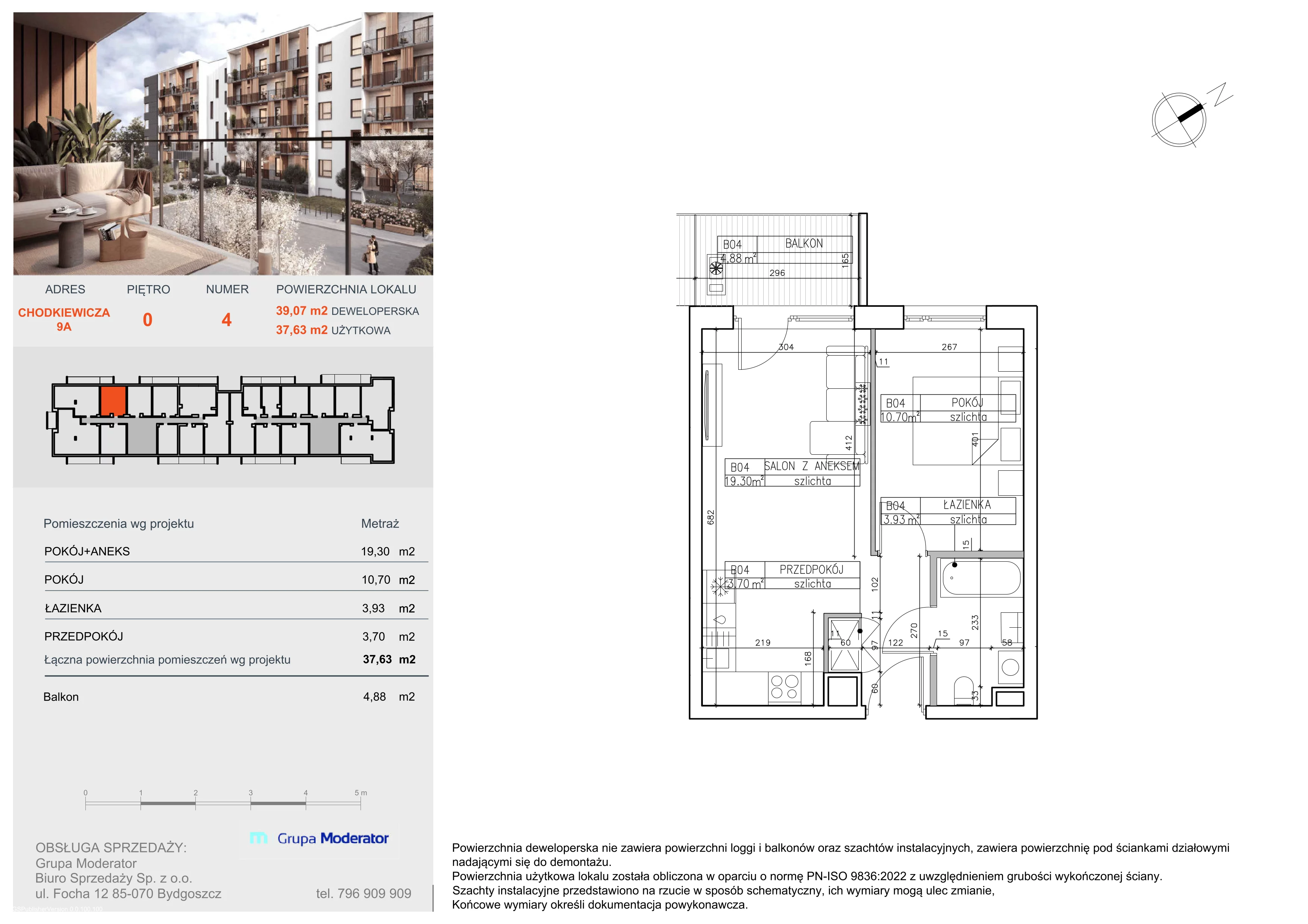 2 pokoje, mieszkanie 37,63 m², parter, oferta nr B4, Osiedle Symfonia, Bydgoszcz, Bielawy, ul. Jana Karola Chodkiewicza 9
