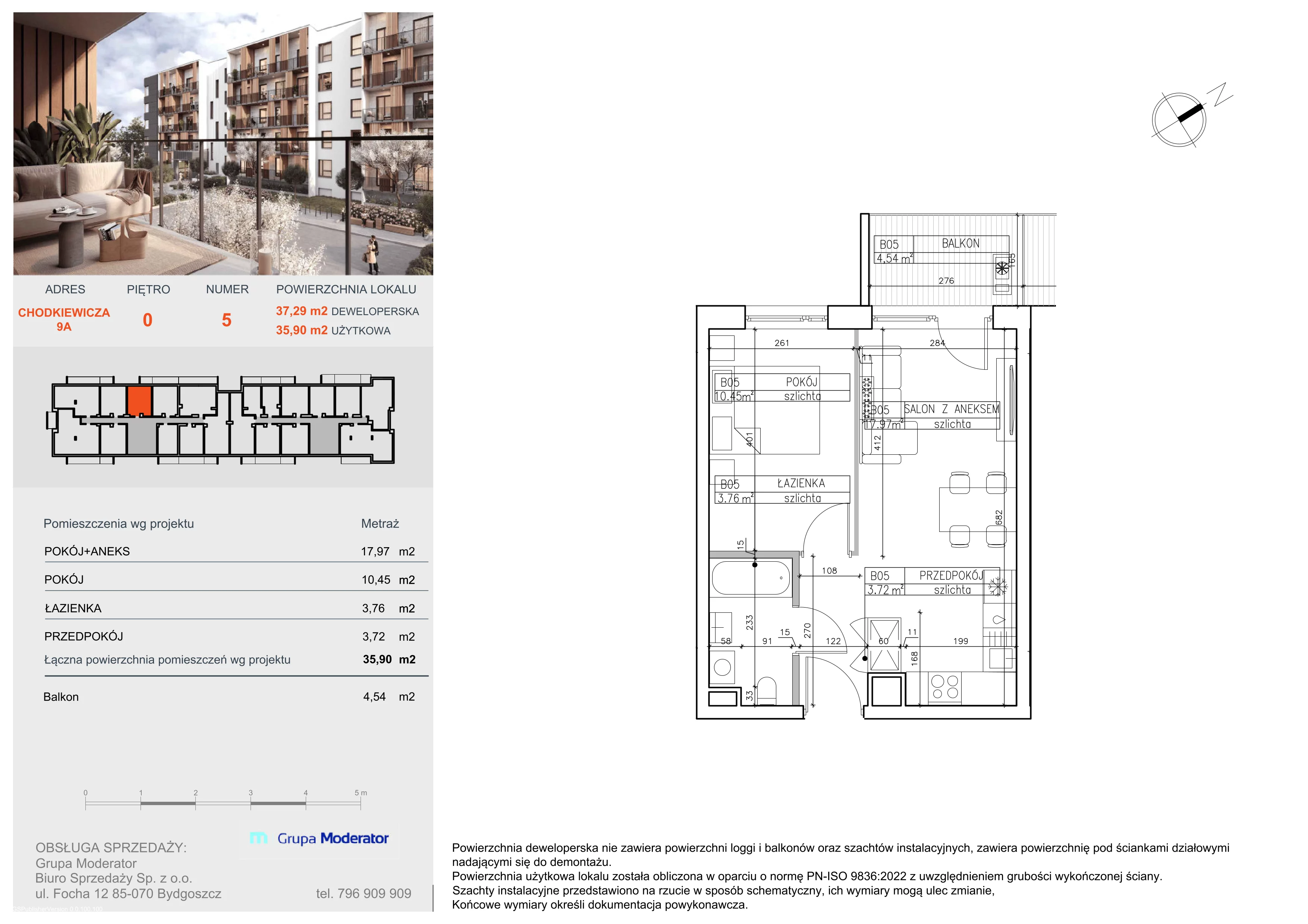 2 pokoje, mieszkanie 35,90 m², parter, oferta nr B5, Osiedle Symfonia, Bydgoszcz, Bielawy, ul. Jana Karola Chodkiewicza 9
