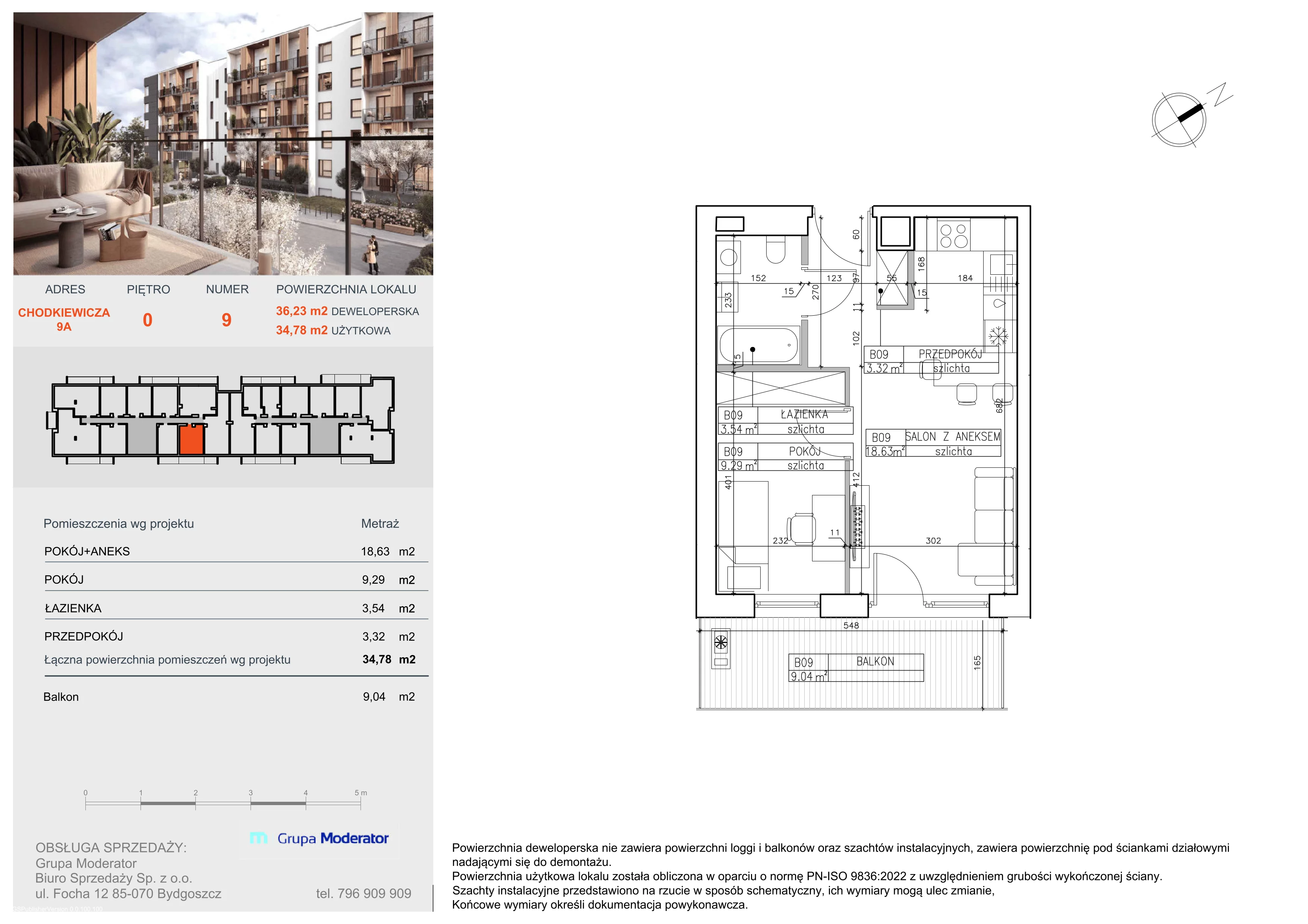 2 pokoje, mieszkanie 34,78 m², parter, oferta nr B9, Osiedle Symfonia, Bydgoszcz, Bielawy, ul. Jana Karola Chodkiewicza 9