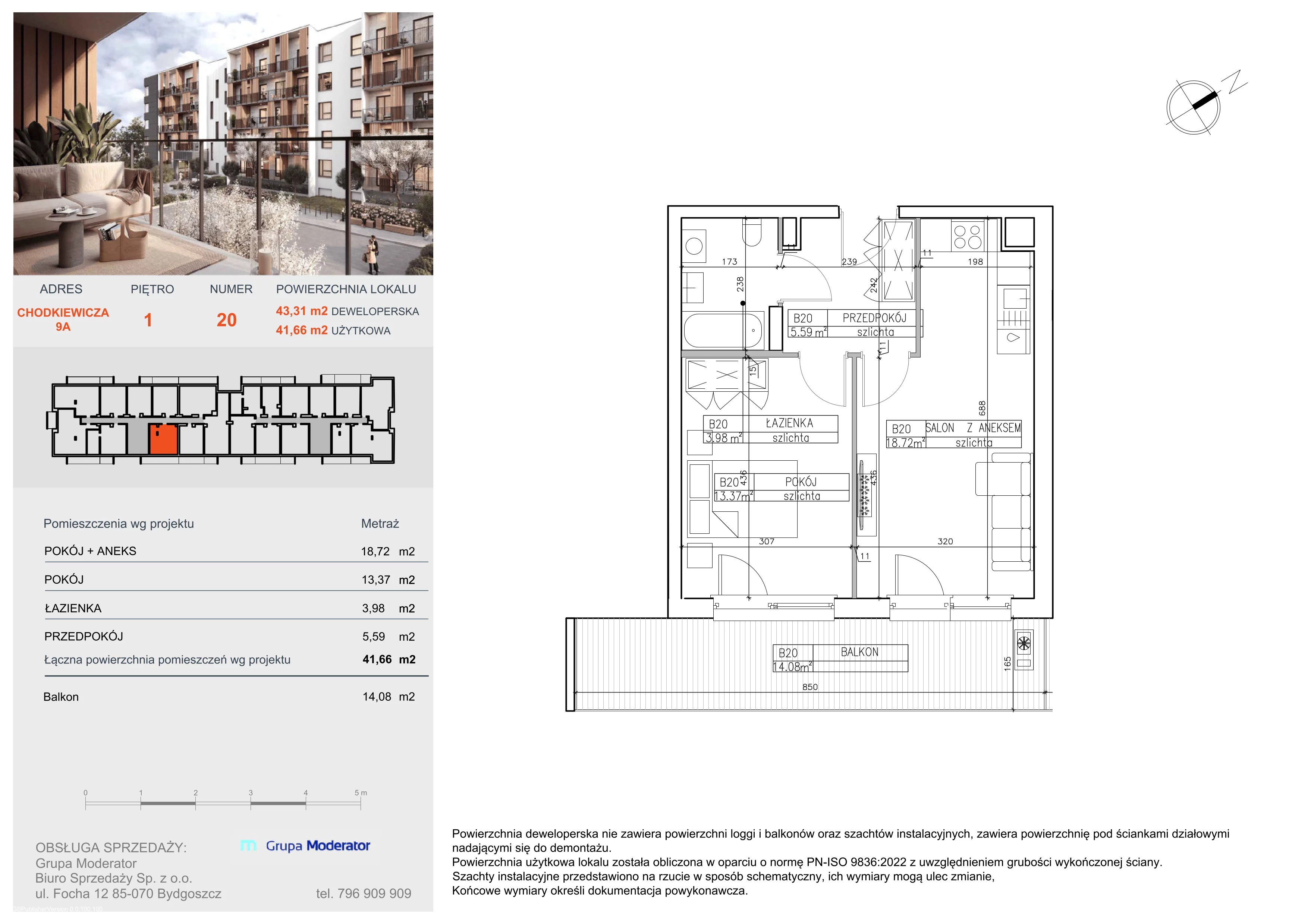2 pokoje, apartament 41,66 m², piętro 1, oferta nr B20, Osiedle Symfonia, Bydgoszcz, Bielawy, ul. Jana Karola Chodkiewicza 9