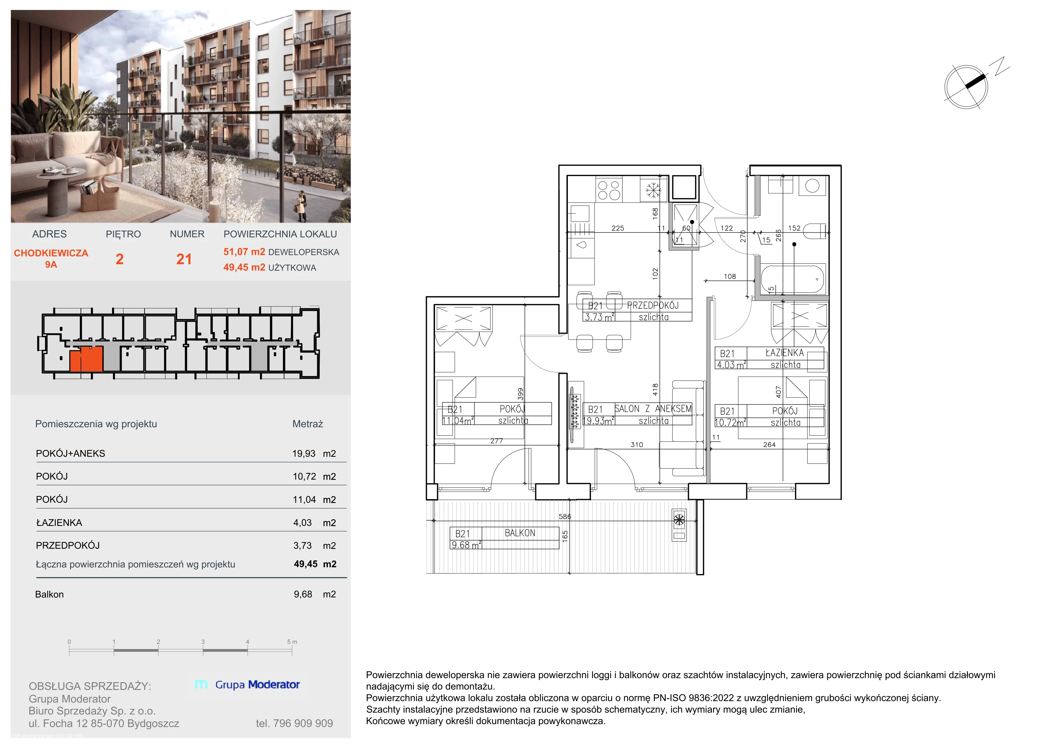 2 pokoje, apartament 49,45 m², piętro 2, oferta nr B21, Osiedle Symfonia, Bydgoszcz, Bielawy, ul. Jana Karola Chodkiewicza 9