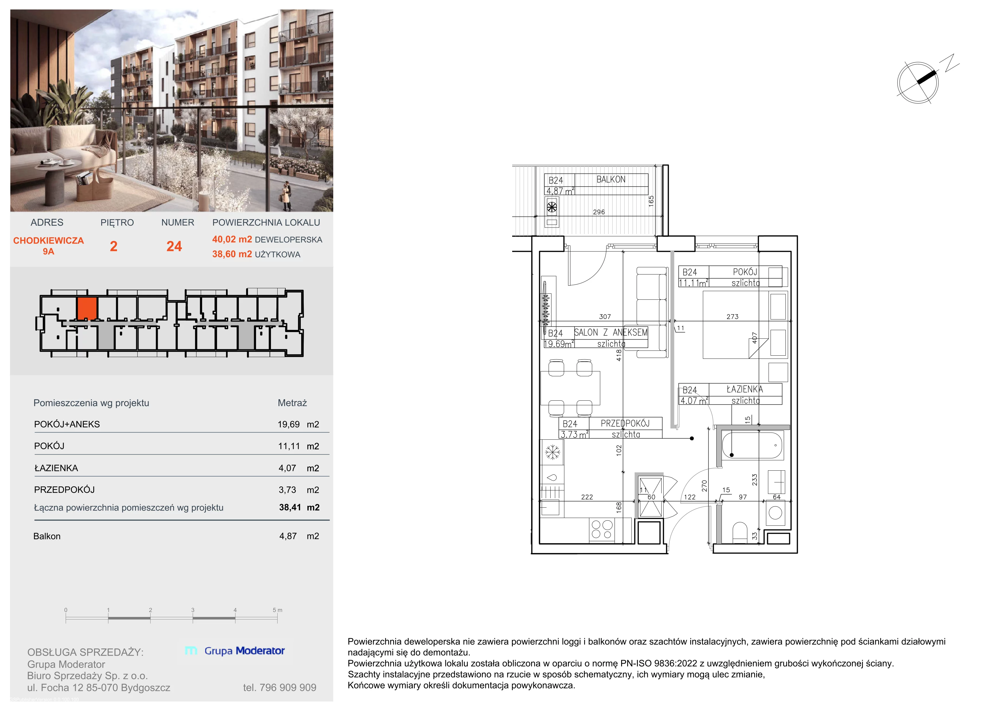 2 pokoje, mieszkanie 38,60 m², piętro 2, oferta nr B24, Osiedle Symfonia, Bydgoszcz, Bielawy, ul. Jana Karola Chodkiewicza 9