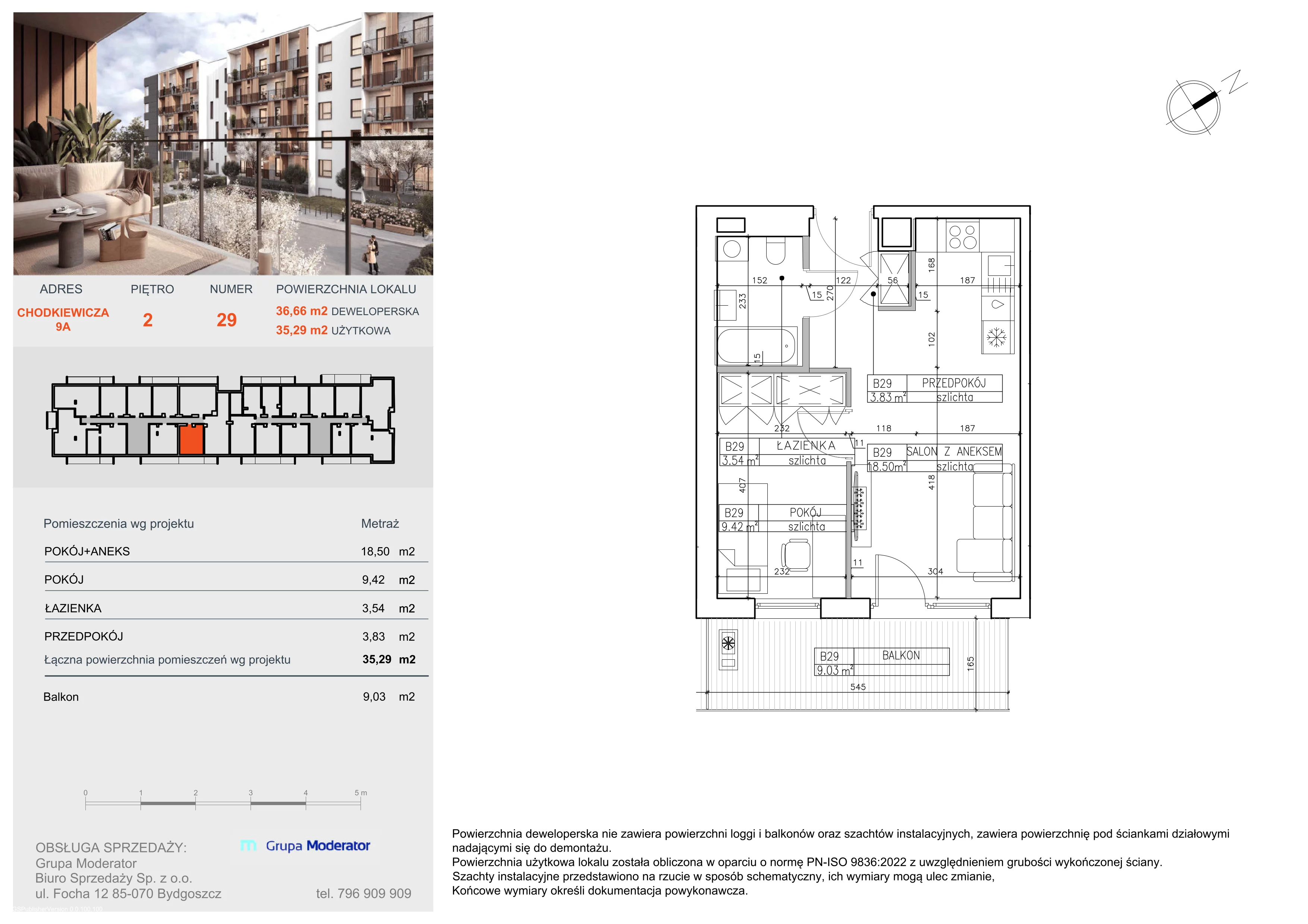 2 pokoje, mieszkanie 35,29 m², piętro 2, oferta nr B29, Osiedle Symfonia, Bydgoszcz, Bielawy, ul. Jana Karola Chodkiewicza 9