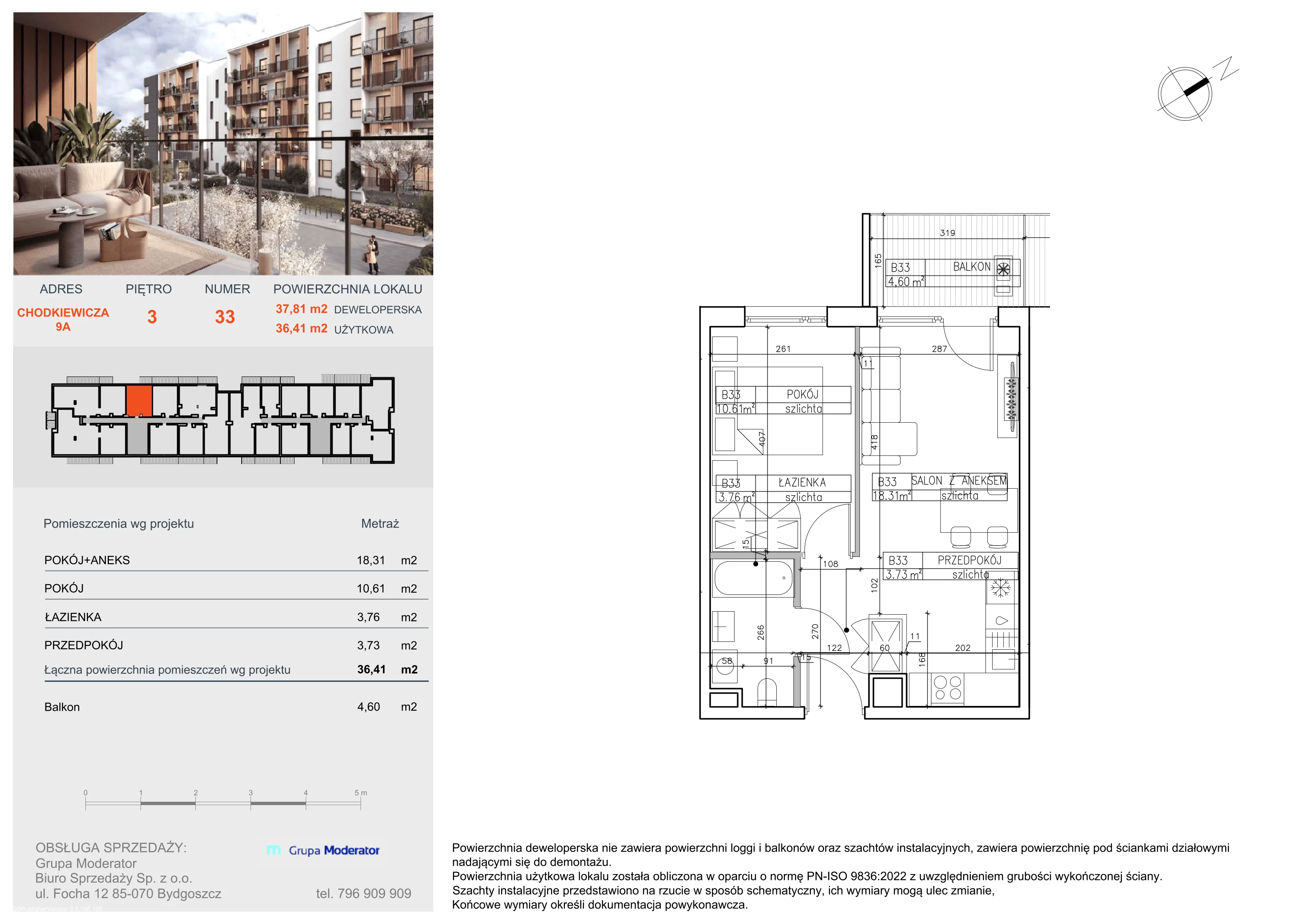 2 pokoje, mieszkanie 36,41 m², piętro 3, oferta nr B33, Osiedle Symfonia, Bydgoszcz, Bielawy, ul. Jana Karola Chodkiewicza 9