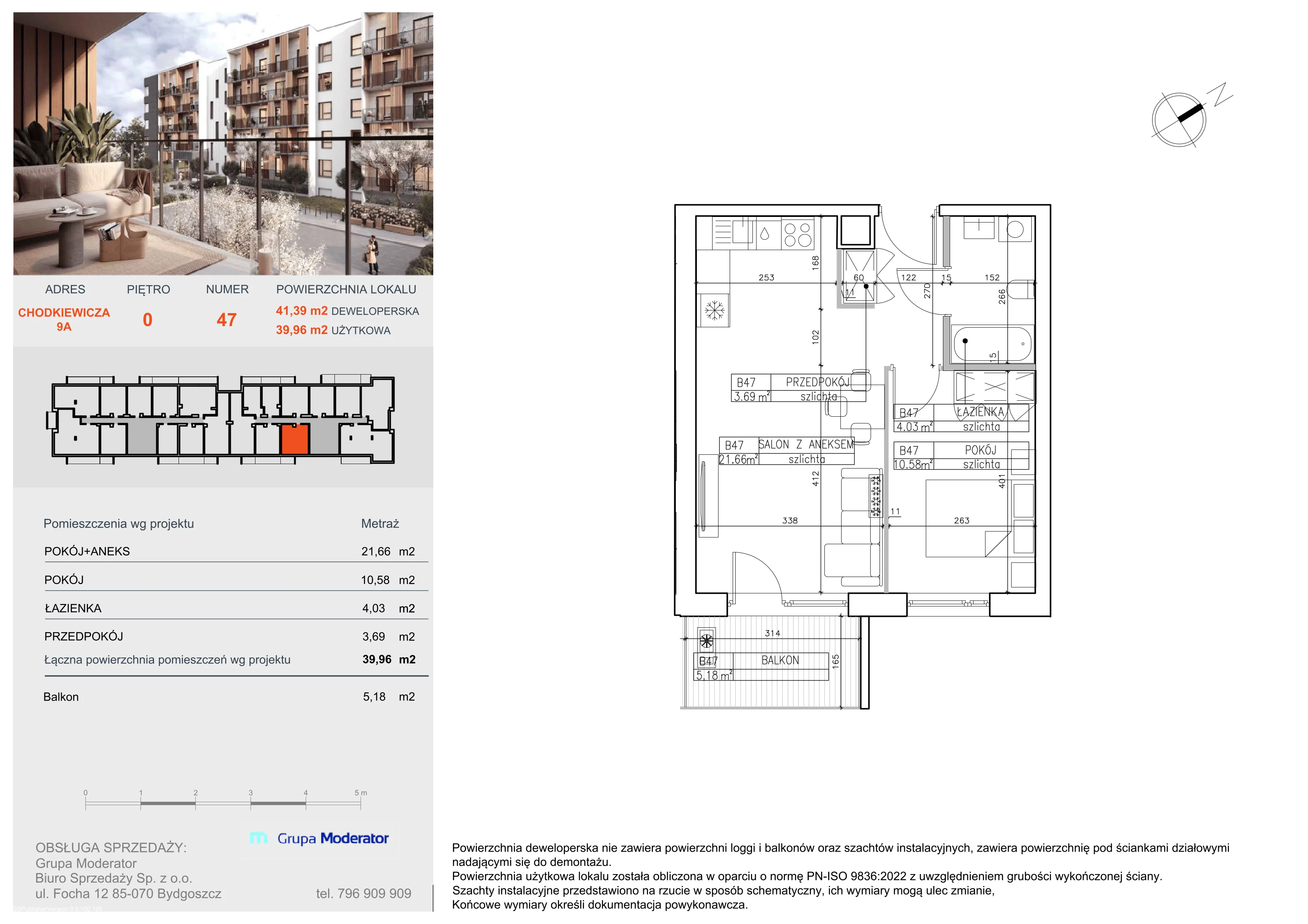 2 pokoje, mieszkanie 39,96 m², parter, oferta nr B47, Osiedle Symfonia, Bydgoszcz, Bielawy, ul. Jana Karola Chodkiewicza 9
