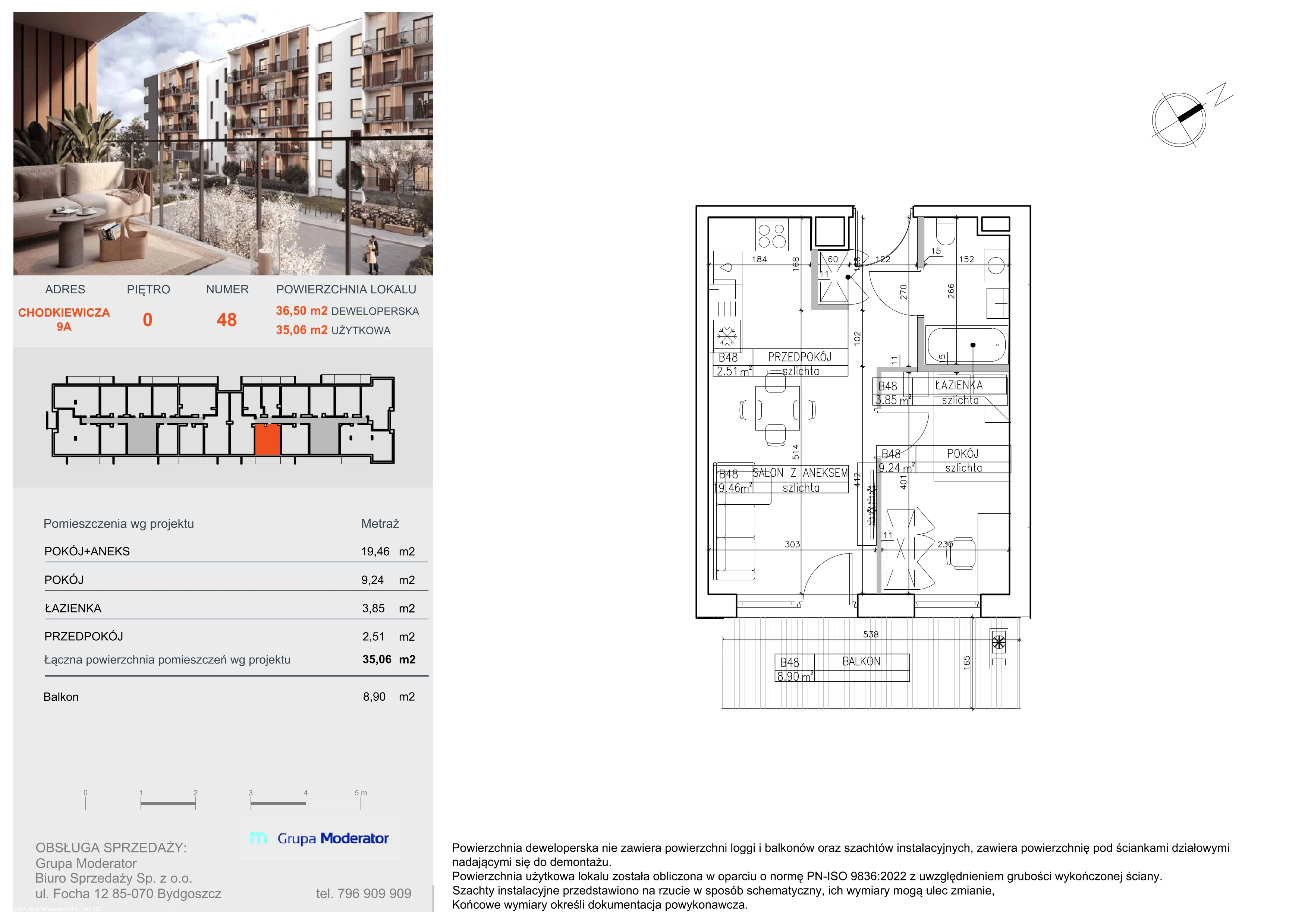 2 pokoje, mieszkanie 35,06 m², parter, oferta nr B48, Osiedle Symfonia, Bydgoszcz, Bielawy, ul. Jana Karola Chodkiewicza 9