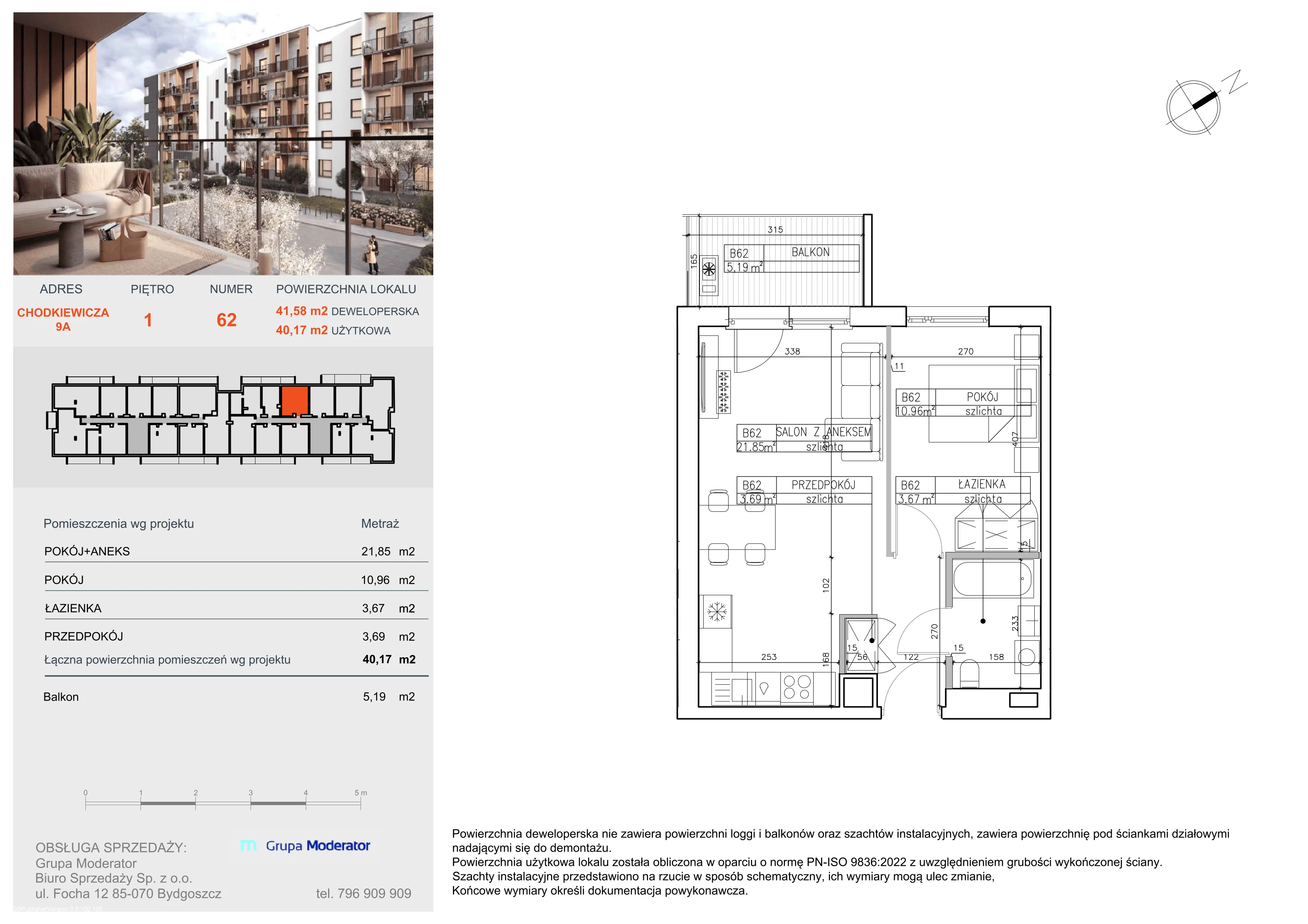 2 pokoje, mieszkanie 40,17 m², piętro 1, oferta nr B62, Osiedle Symfonia, Bydgoszcz, Bielawy, ul. Jana Karola Chodkiewicza 9