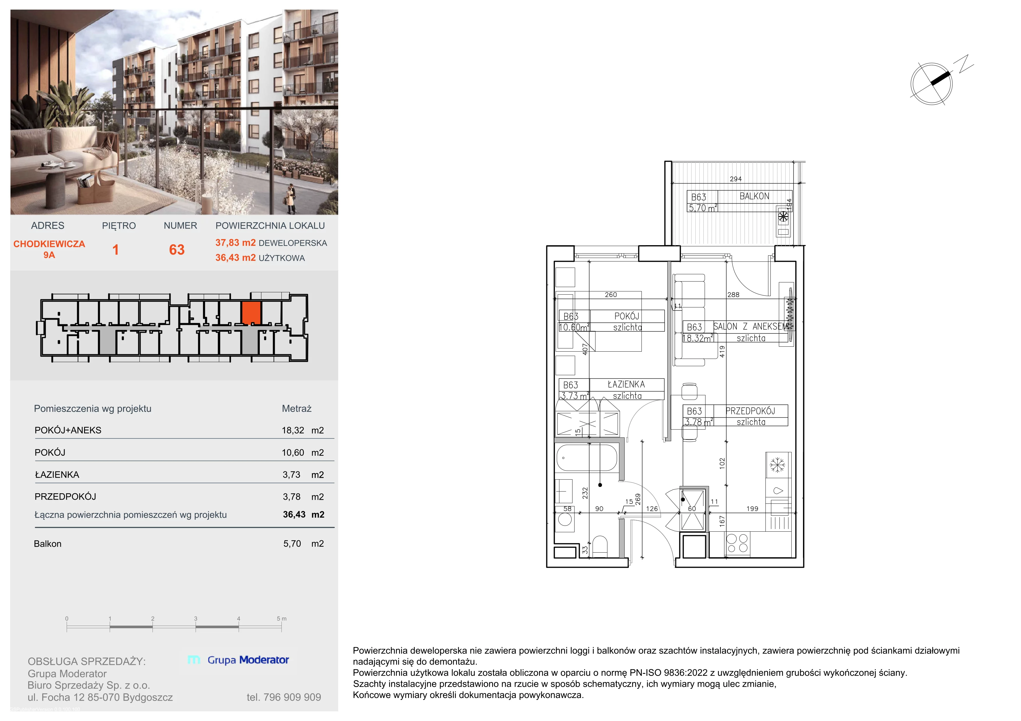 2 pokoje, mieszkanie 36,43 m², piętro 1, oferta nr B63, Osiedle Symfonia, Bydgoszcz, Bielawy, ul. Jana Karola Chodkiewicza 9