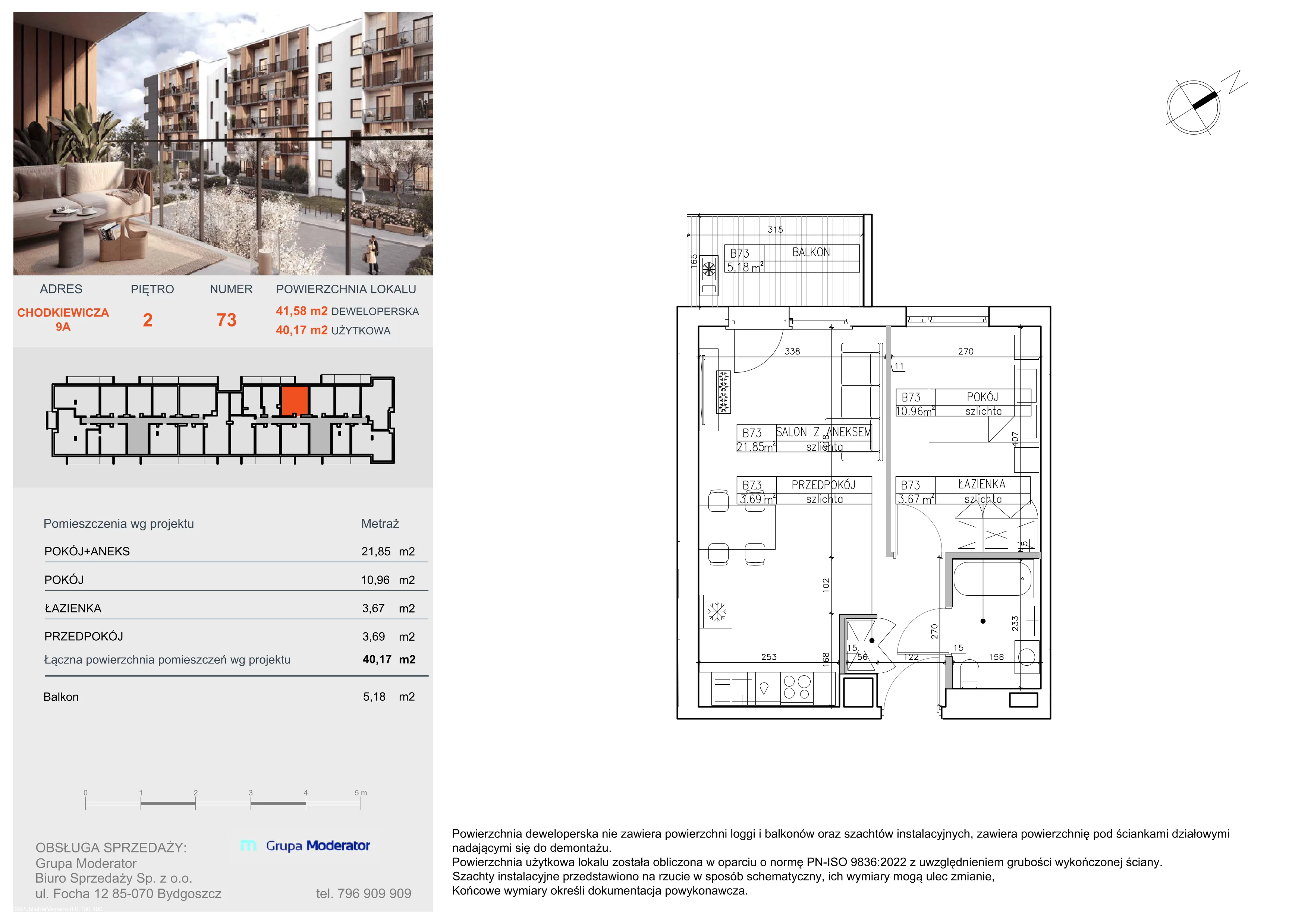 2 pokoje, mieszkanie 40,17 m², piętro 2, oferta nr B73, Osiedle Symfonia, Bydgoszcz, Bielawy, ul. Jana Karola Chodkiewicza 9