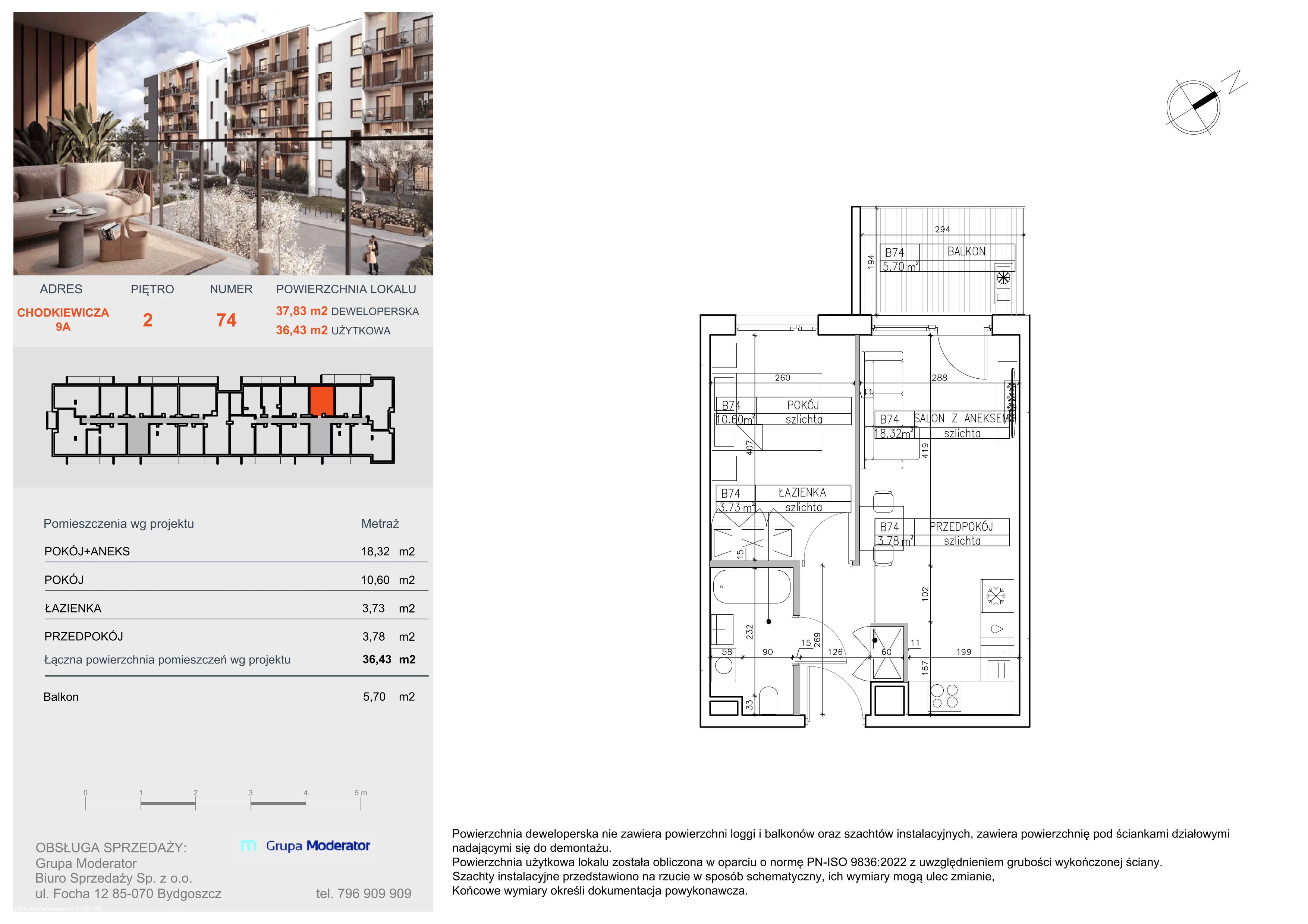 2 pokoje, mieszkanie 36,43 m², piętro 2, oferta nr B74, Osiedle Symfonia, Bydgoszcz, Bielawy, ul. Jana Karola Chodkiewicza 9