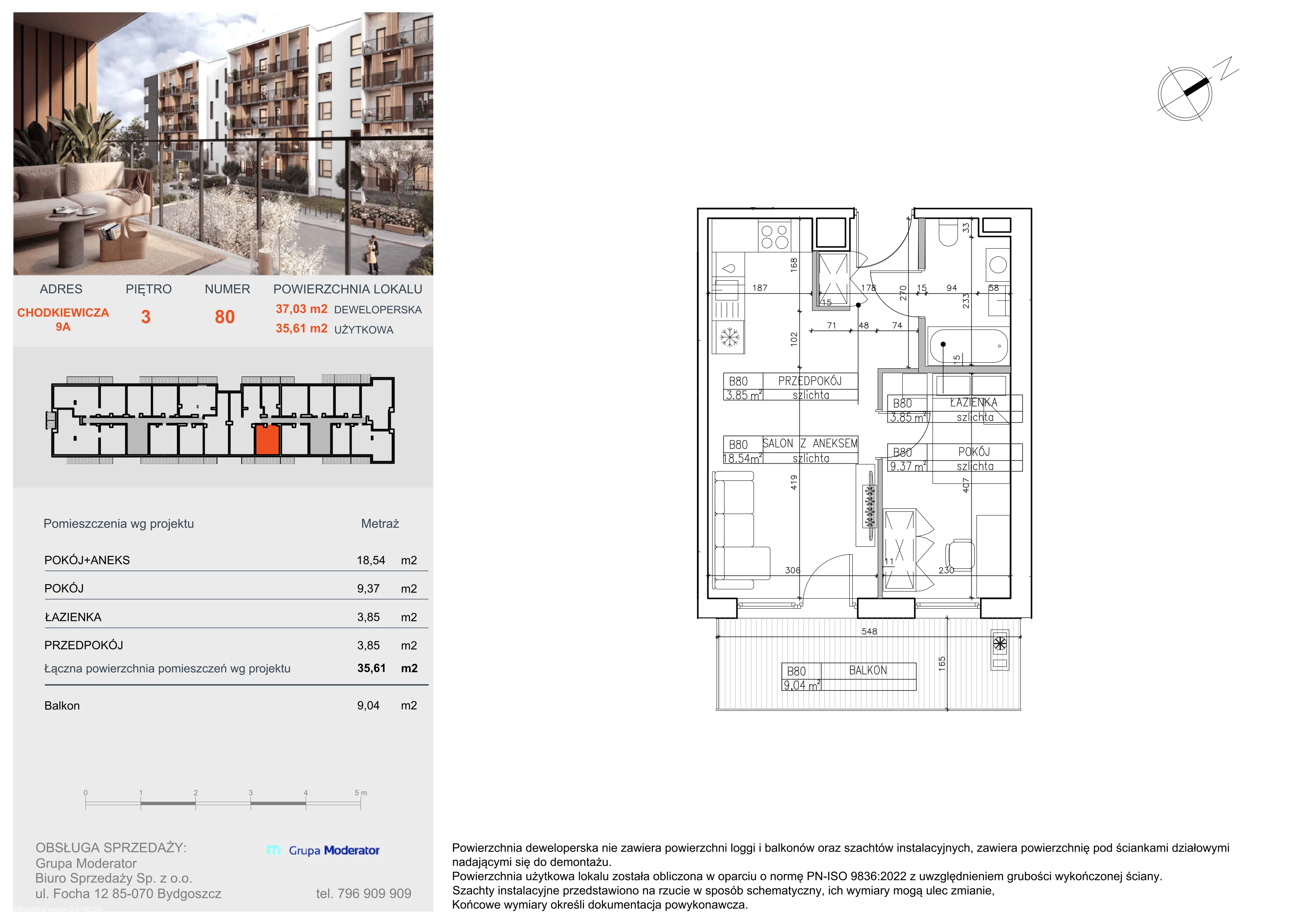 2 pokoje, mieszkanie 35,61 m², piętro 3, oferta nr B80, Osiedle Symfonia, Bydgoszcz, Bielawy, ul. Jana Karola Chodkiewicza 9
