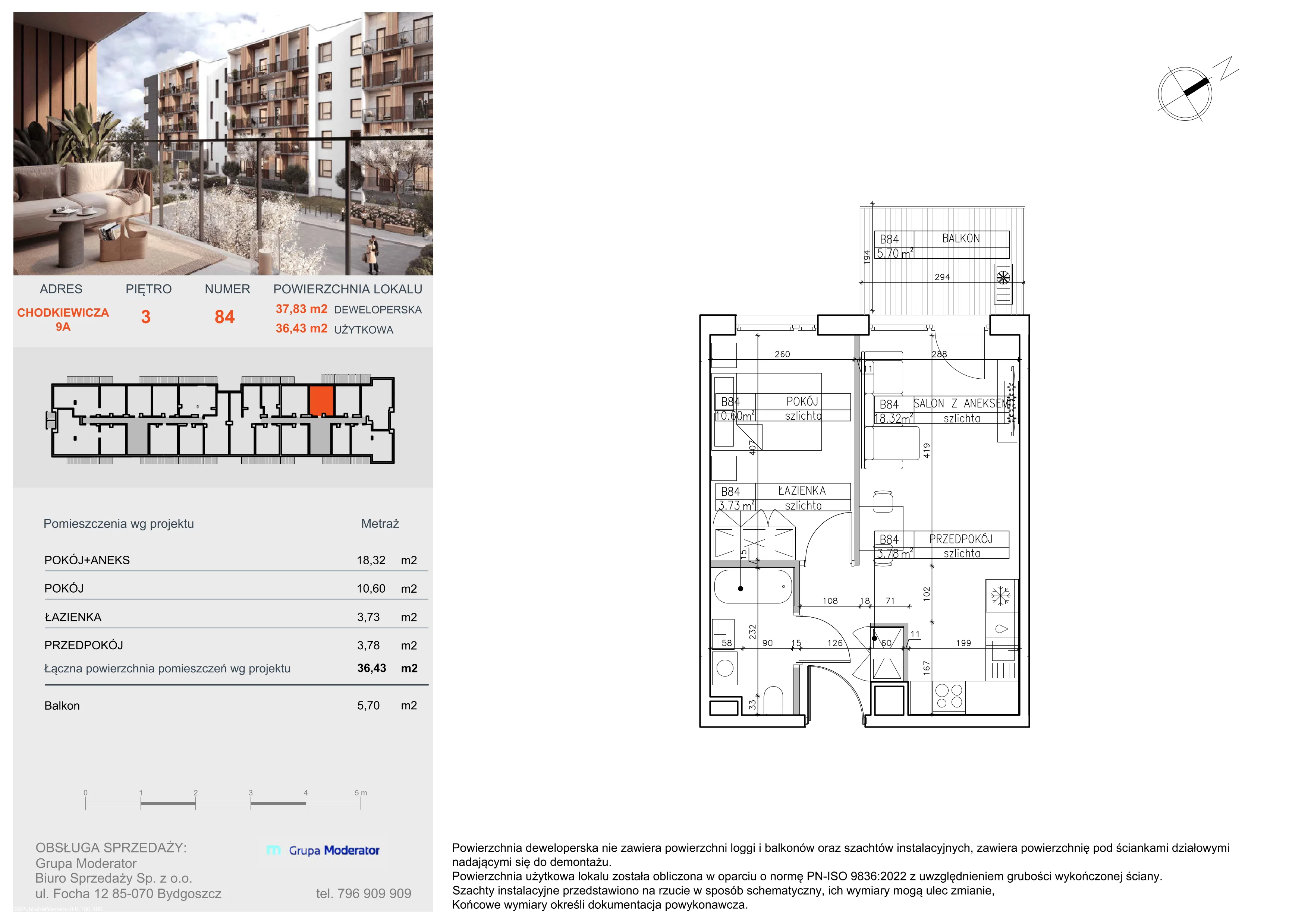 2 pokoje, mieszkanie 36,43 m², piętro 3, oferta nr B84, Osiedle Symfonia, Bydgoszcz, Bielawy, ul. Jana Karola Chodkiewicza 9