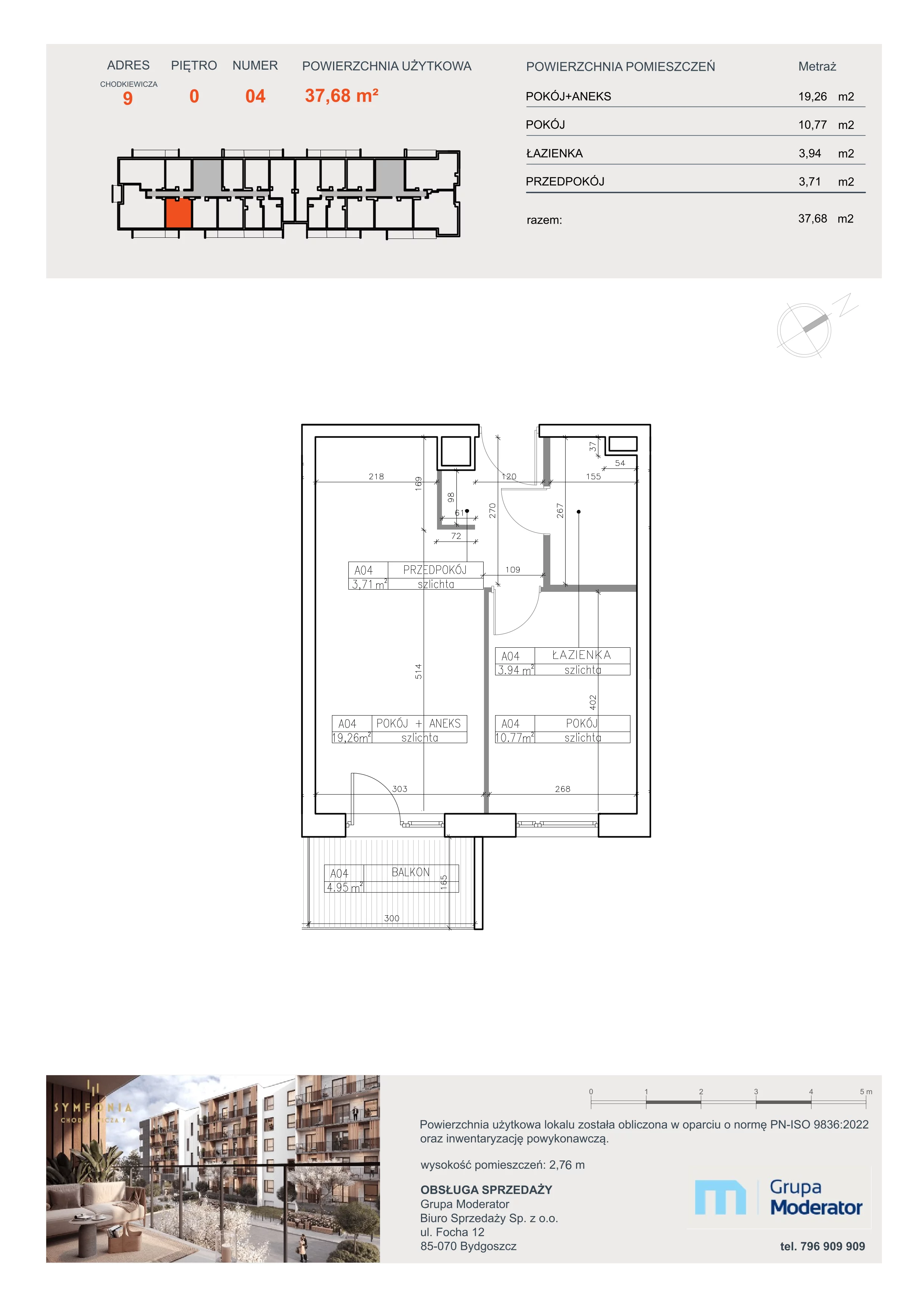 2 pokoje, apartament 37,68 m², parter, oferta nr A4, Osiedle Symfonia, Bydgoszcz, Bielawy, ul. Jana Karola Chodkiewicza 9