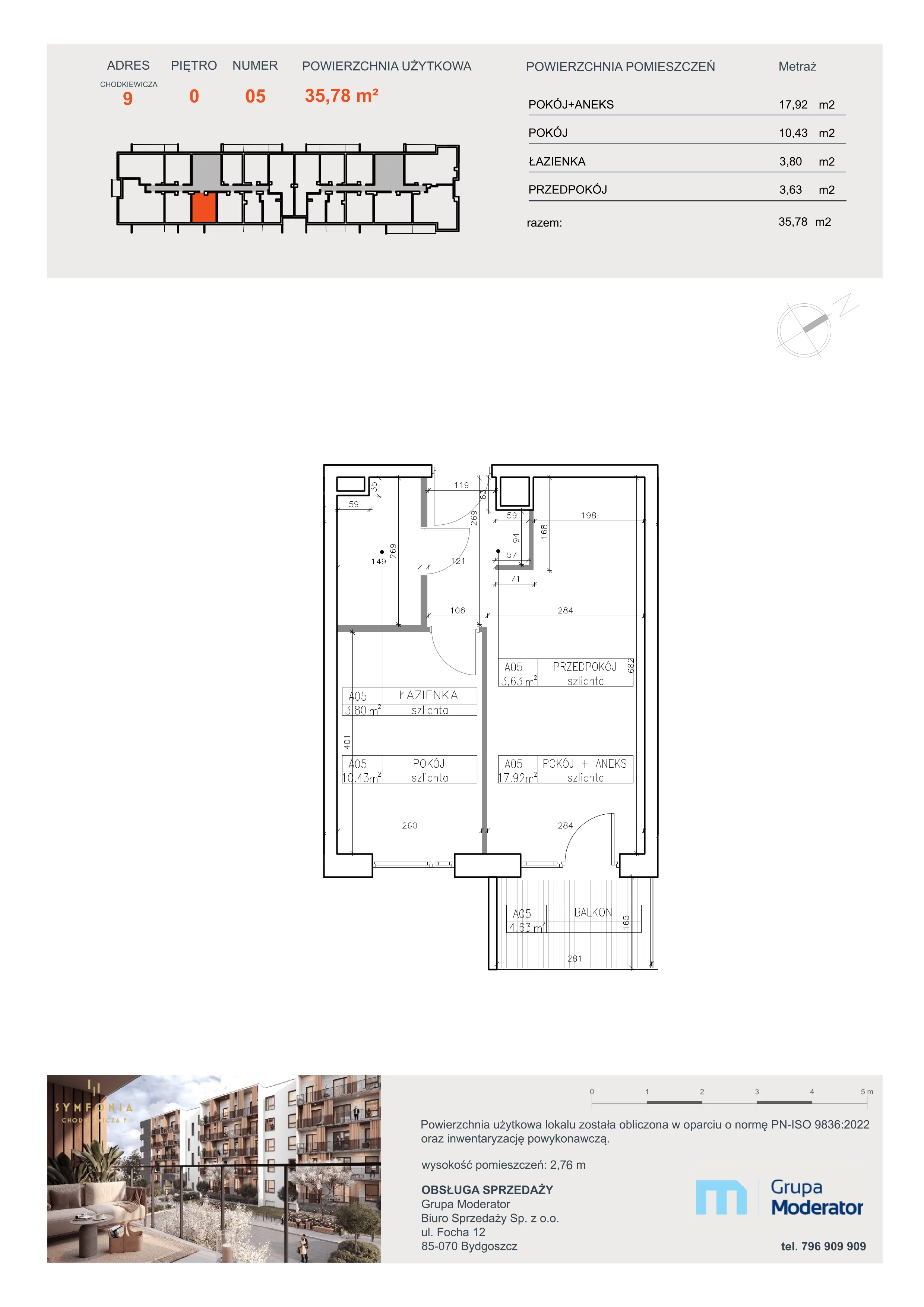 2 pokoje, apartament 35,78 m², parter, oferta nr A5, Osiedle Symfonia, Bydgoszcz, Bielawy, ul. Jana Karola Chodkiewicza 9