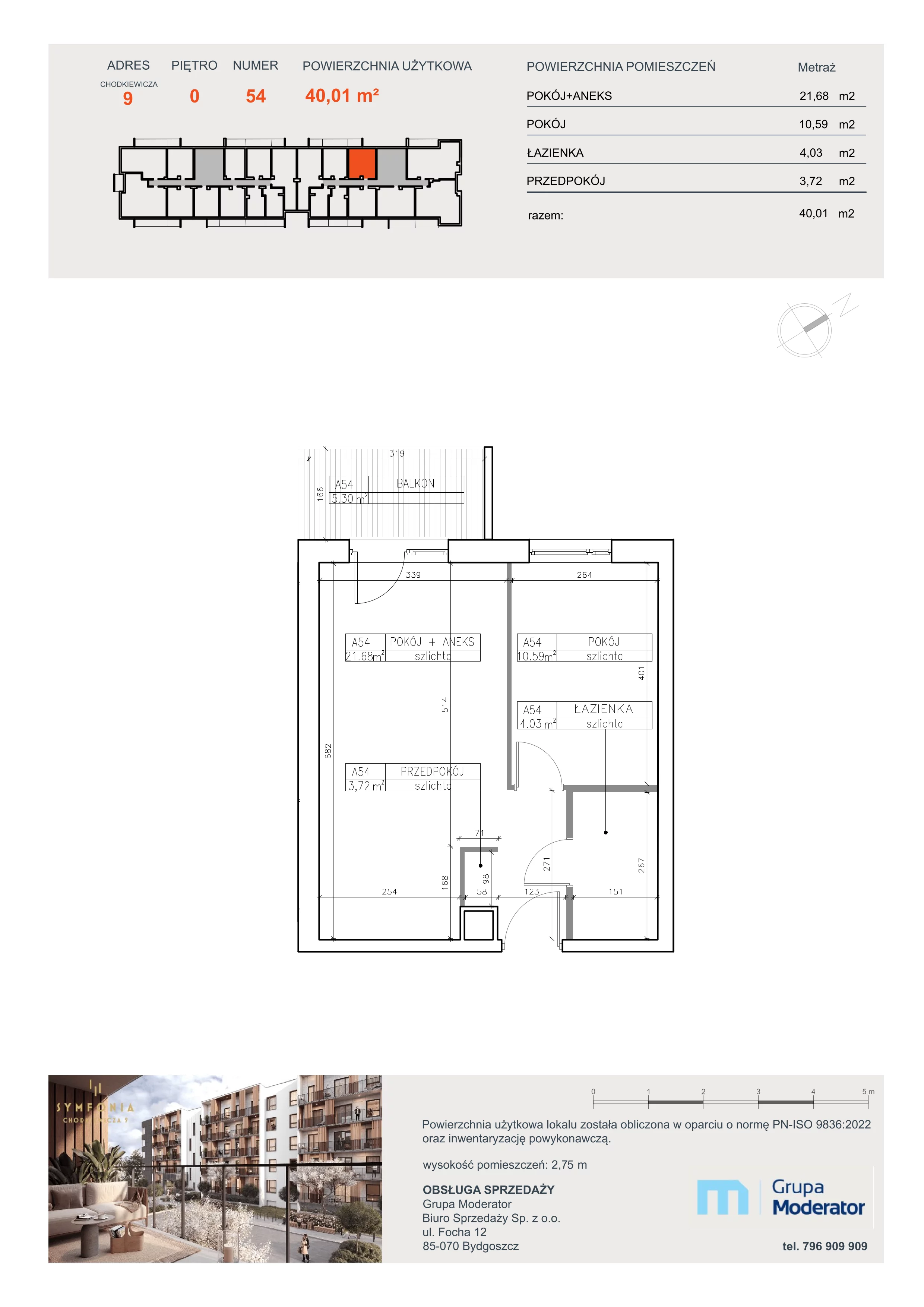2 pokoje, apartament 40,01 m², parter, oferta nr A54, Osiedle Symfonia, Bydgoszcz, Bielawy, ul. Jana Karola Chodkiewicza 9
