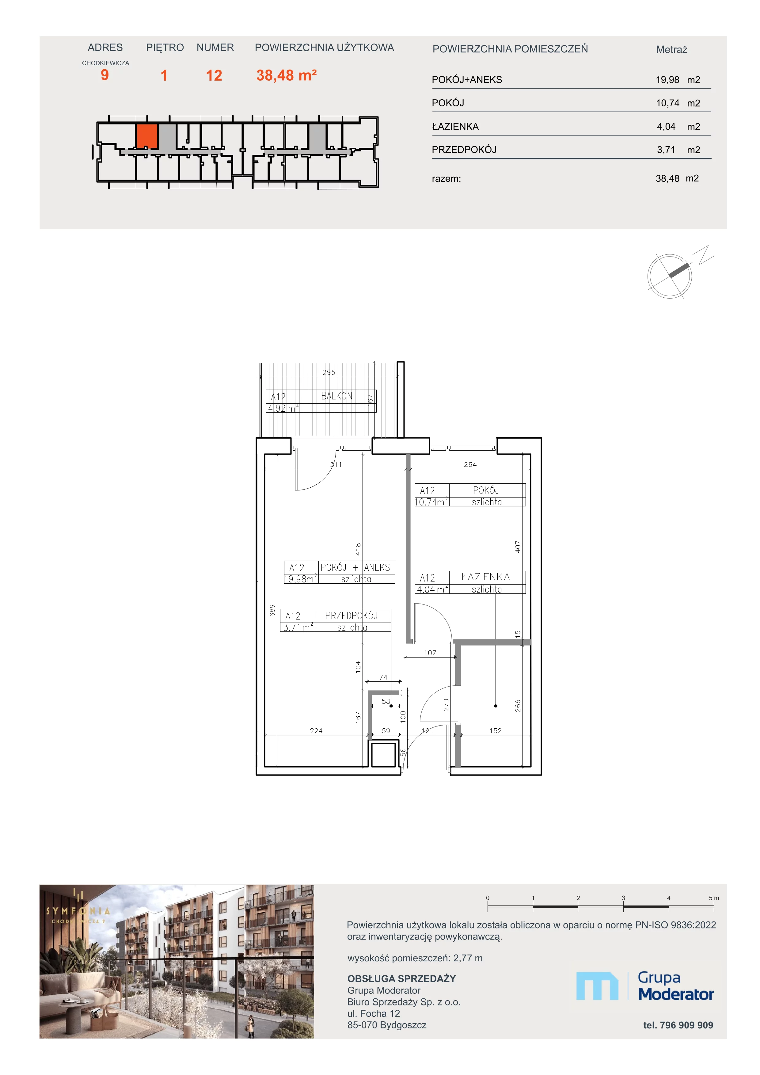 2 pokoje, apartament 38,48 m², piętro 1, oferta nr A12, Osiedle Symfonia, Bydgoszcz, Bielawy, ul. Jana Karola Chodkiewicza 9