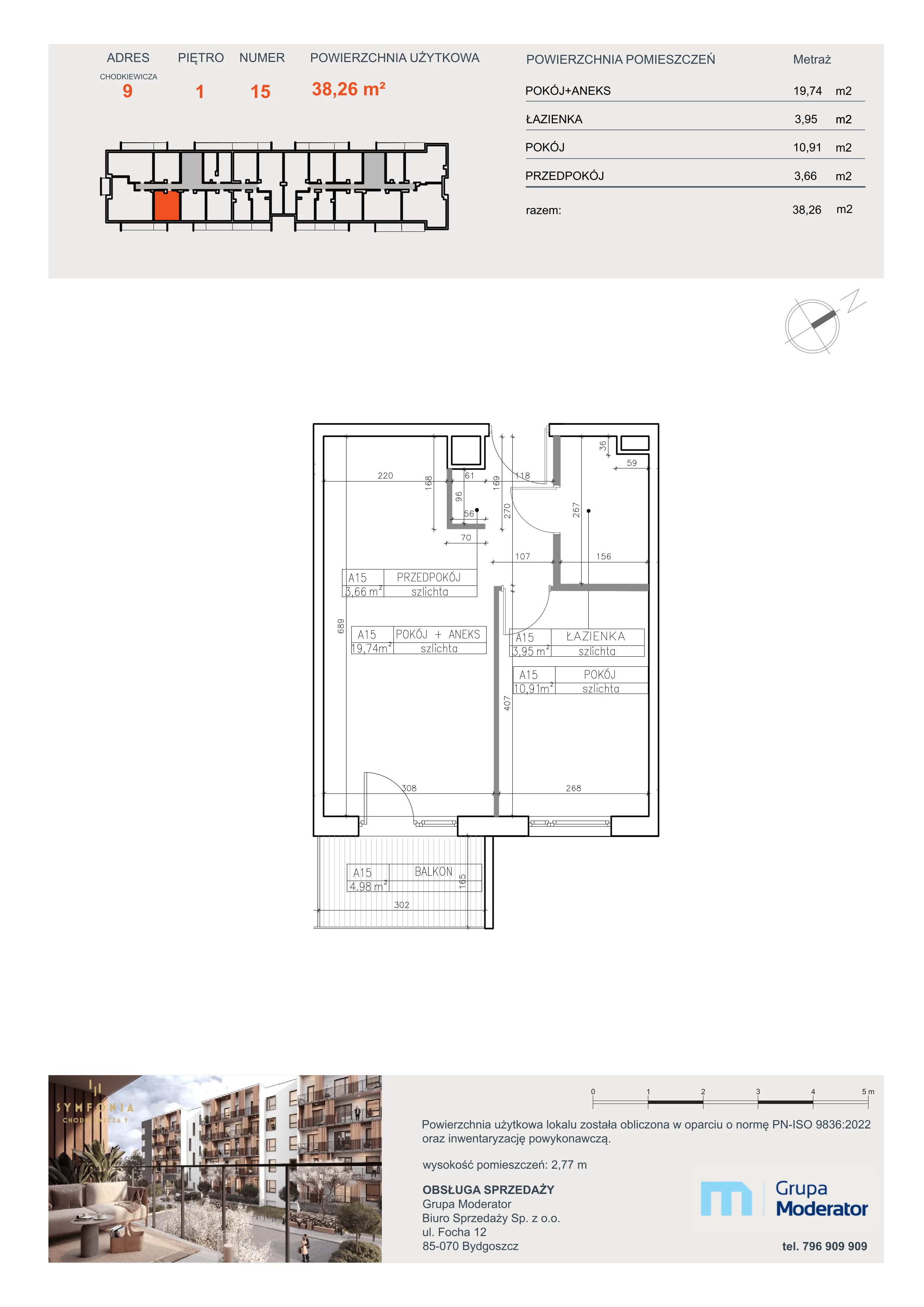 2 pokoje, apartament 38,26 m², piętro 1, oferta nr A15, Osiedle Symfonia, Bydgoszcz, Bielawy, ul. Jana Karola Chodkiewicza 9