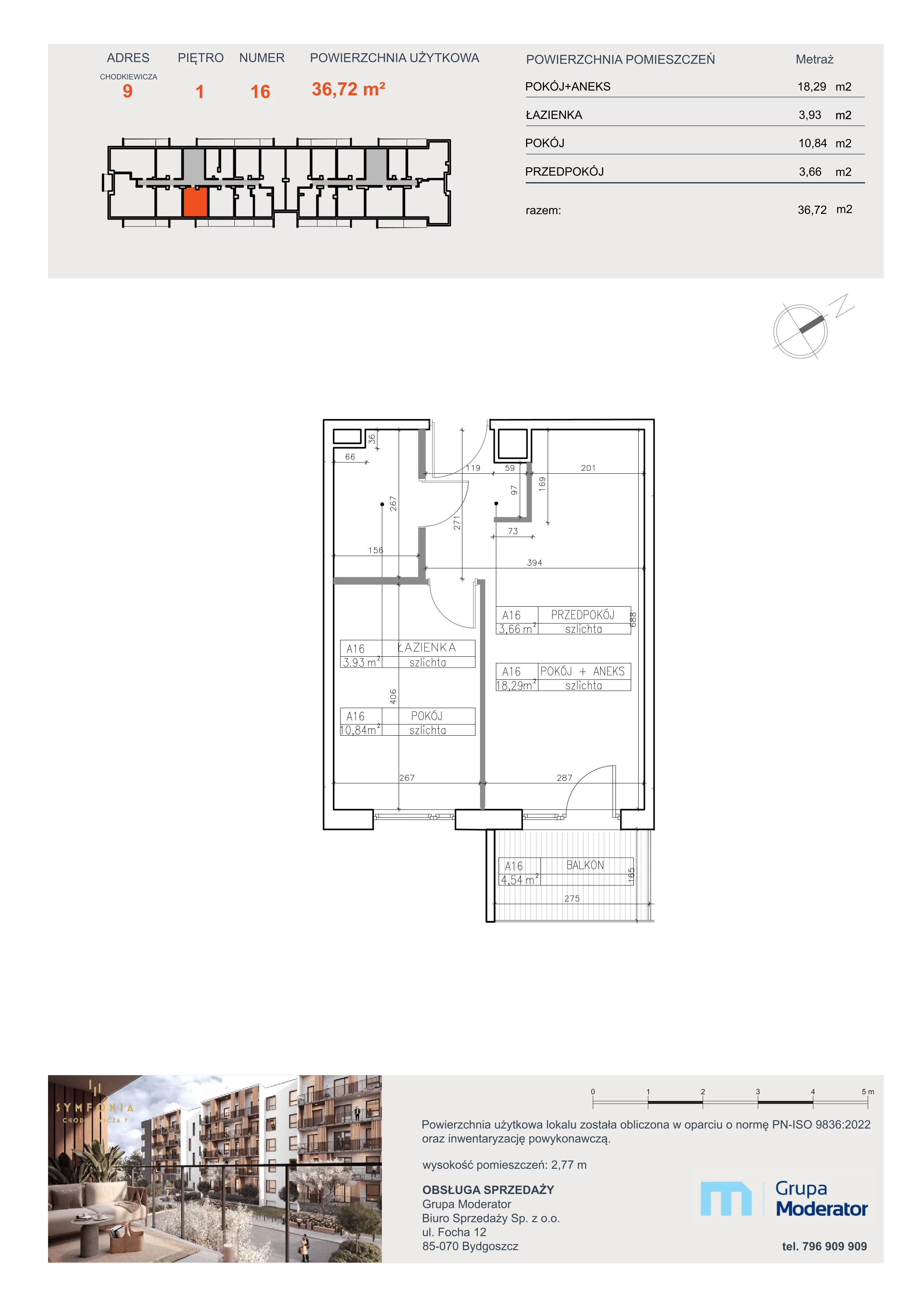 2 pokoje, apartament 36,72 m², piętro 1, oferta nr A16, Osiedle Symfonia, Bydgoszcz, Bielawy, ul. Jana Karola Chodkiewicza 9