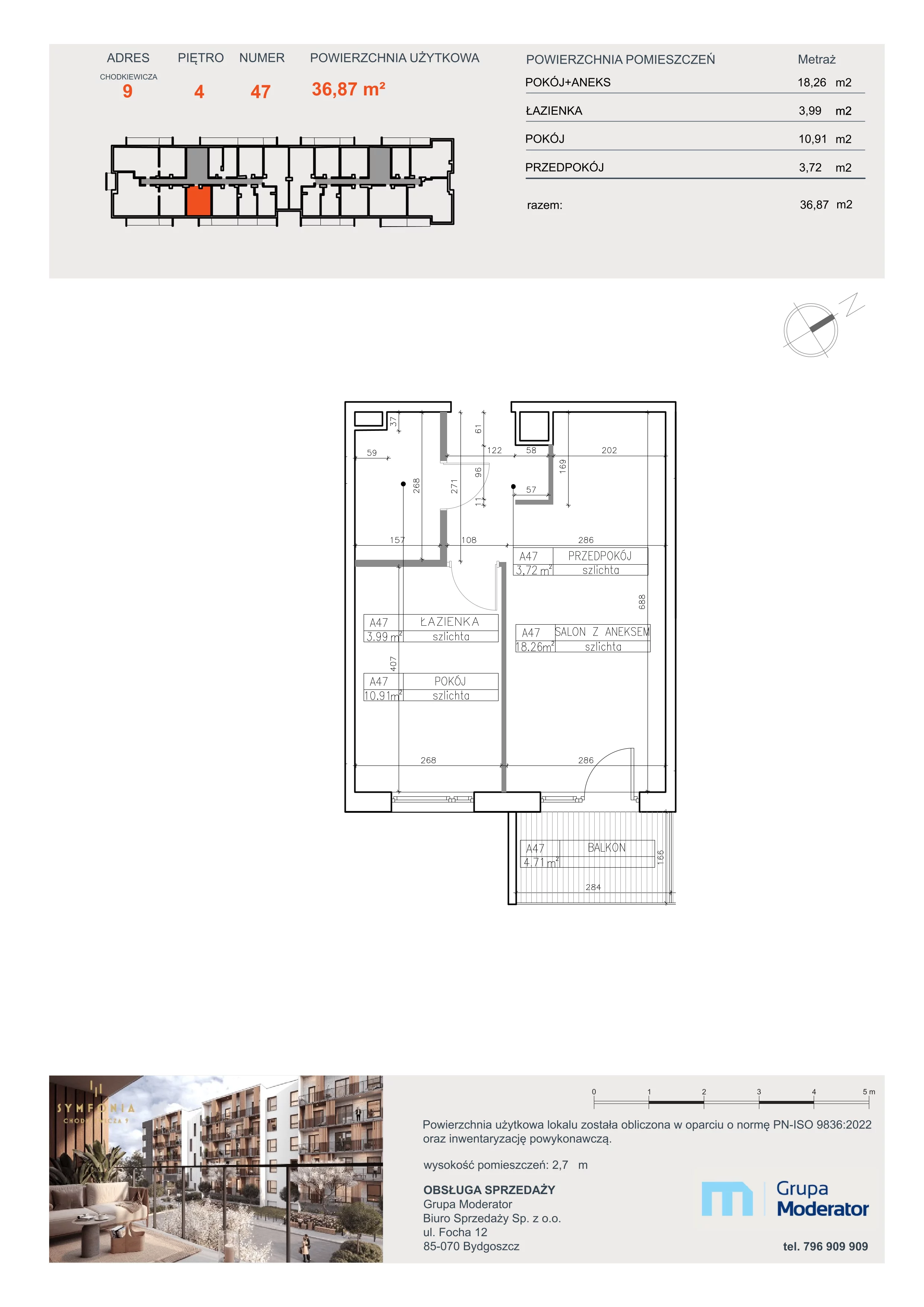 2 pokoje, apartament 36,87 m², piętro 4, oferta nr A47, Osiedle Symfonia, Bydgoszcz, Bielawy, ul. Jana Karola Chodkiewicza 9