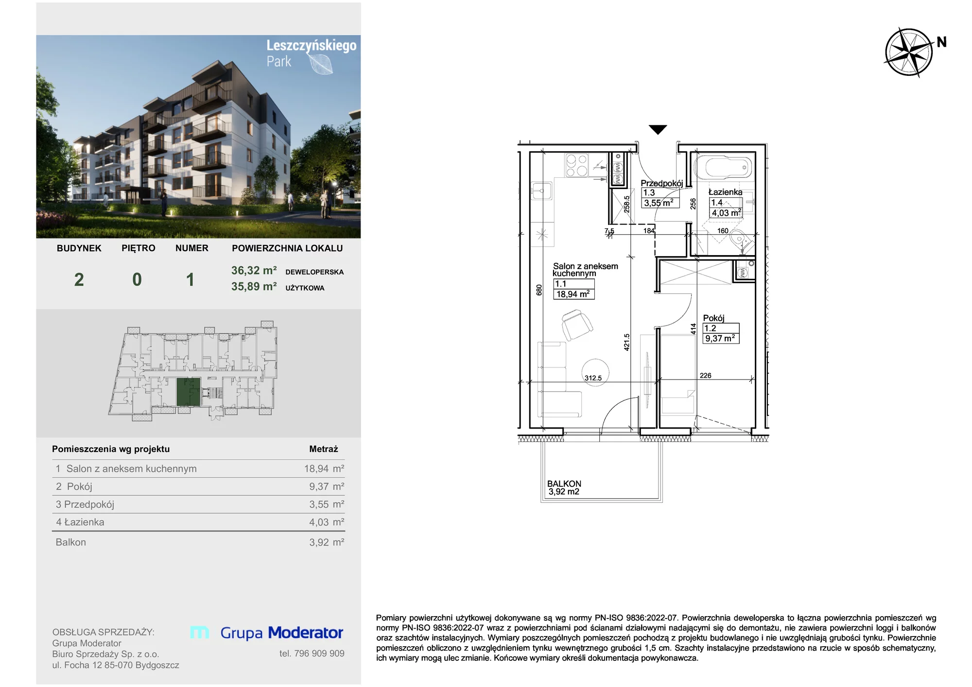 Mieszkanie 35,89 m², parter, oferta nr III/1, Leszczyńskiego Park, Bydgoszcz, Szwederowo, ul. Leszczyńskiego