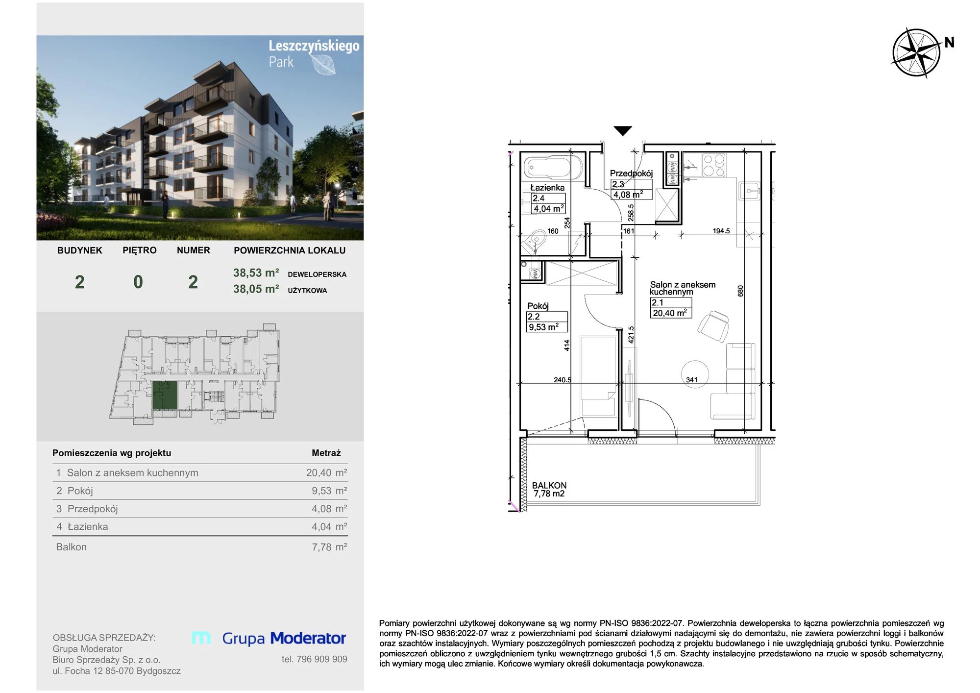 Mieszkanie 38,05 m², parter, oferta nr III/2, Leszczyńskiego Park, Bydgoszcz, Szwederowo, ul. Leszczyńskiego