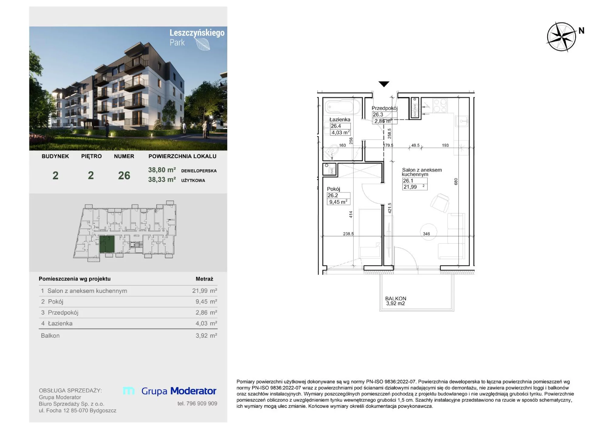 Mieszkanie 38,25 m², piętro 2, oferta nr III/26, Leszczyńskiego Park, Bydgoszcz, Szwederowo, ul. Leszczyńskiego