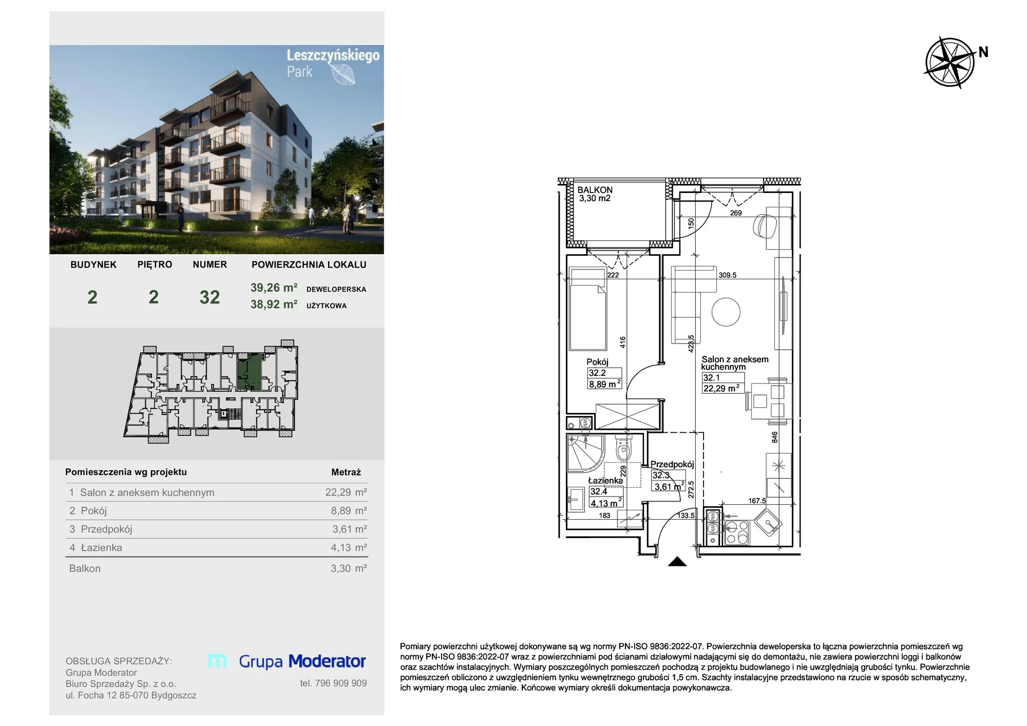 Mieszkanie 38,84 m², piętro 2, oferta nr III/32, Leszczyńskiego Park, Bydgoszcz, Szwederowo, ul. Leszczyńskiego