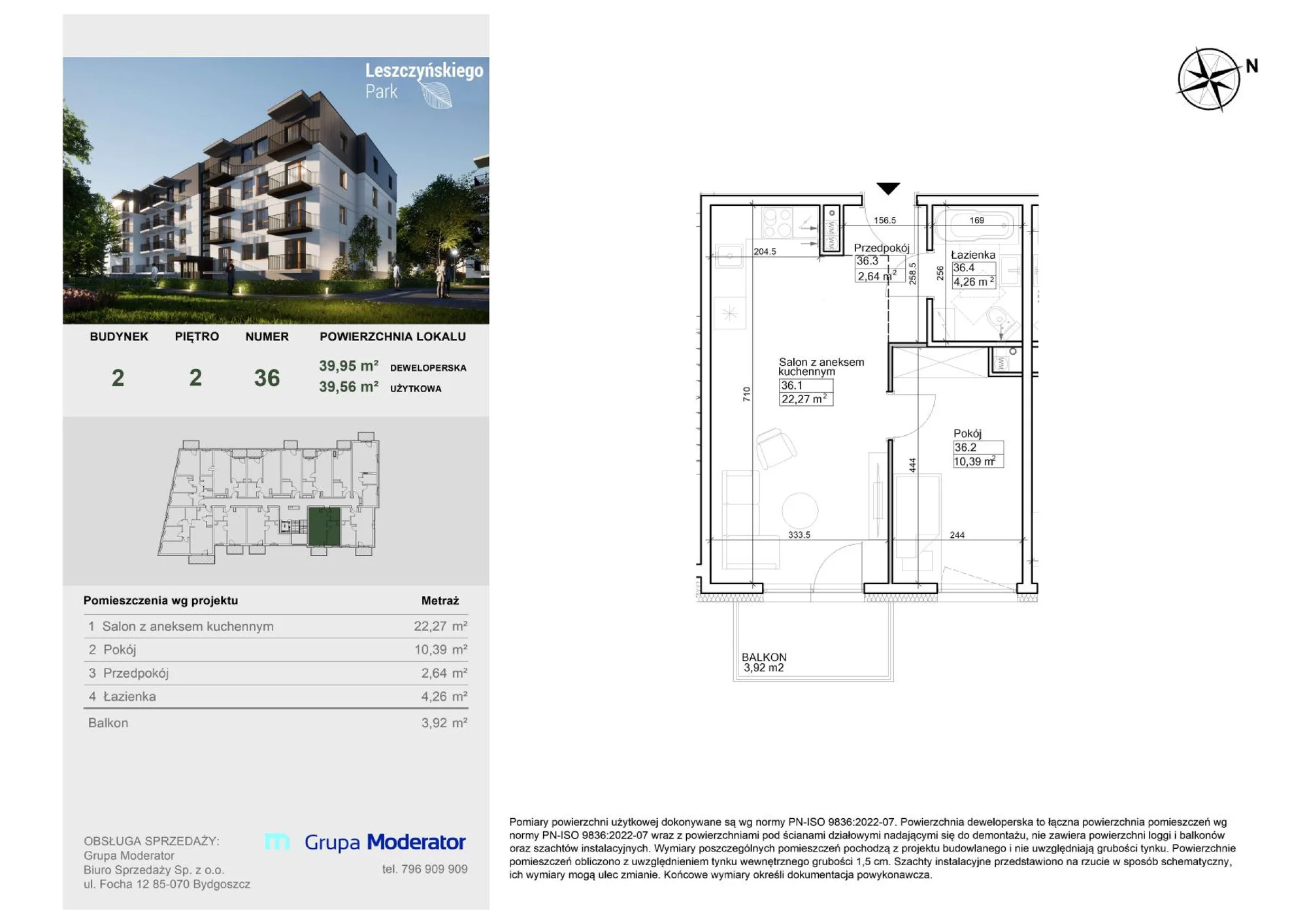 Mieszkanie 39,50 m², piętro 2, oferta nr III/36, Leszczyńskiego Park, Bydgoszcz, Szwederowo, ul. Leszczyńskiego