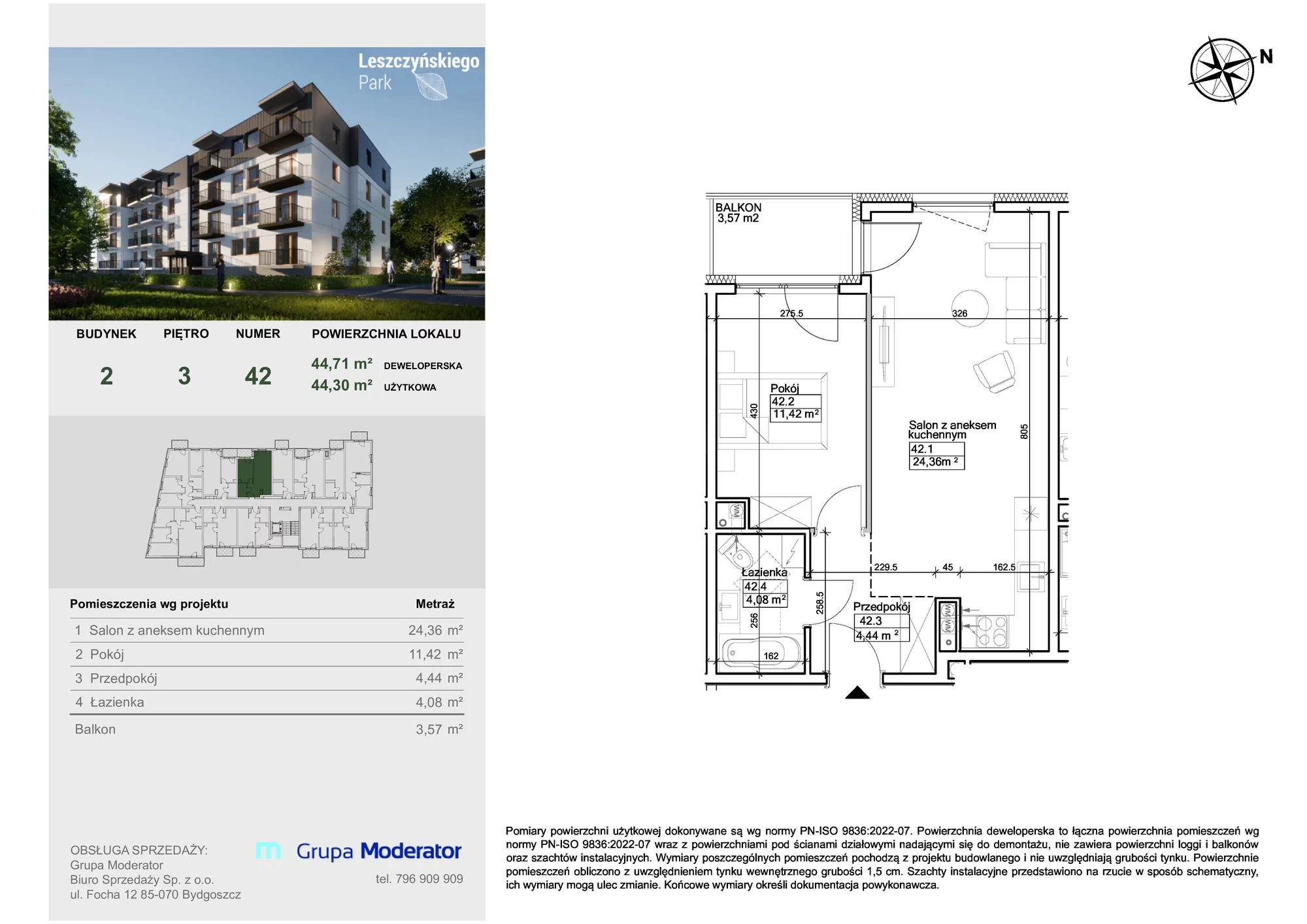 Mieszkanie 44,30 m², piętro 3, oferta nr III/42, Leszczyńskiego Park, Bydgoszcz, Szwederowo, ul. Leszczyńskiego