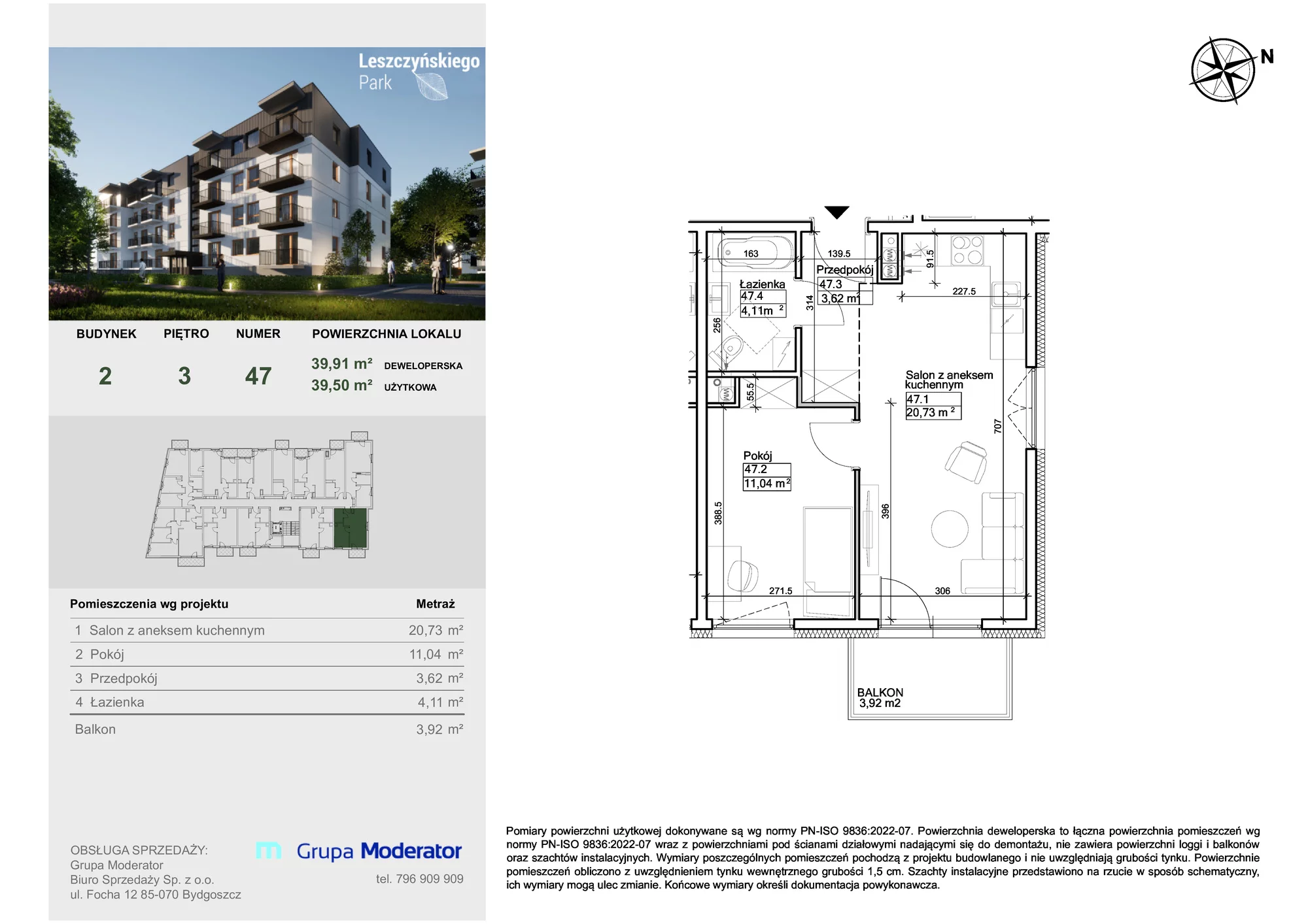 Mieszkanie 39,50 m², piętro 3, oferta nr III/47, Leszczyńskiego Park, Bydgoszcz, Szwederowo, ul. Leszczyńskiego