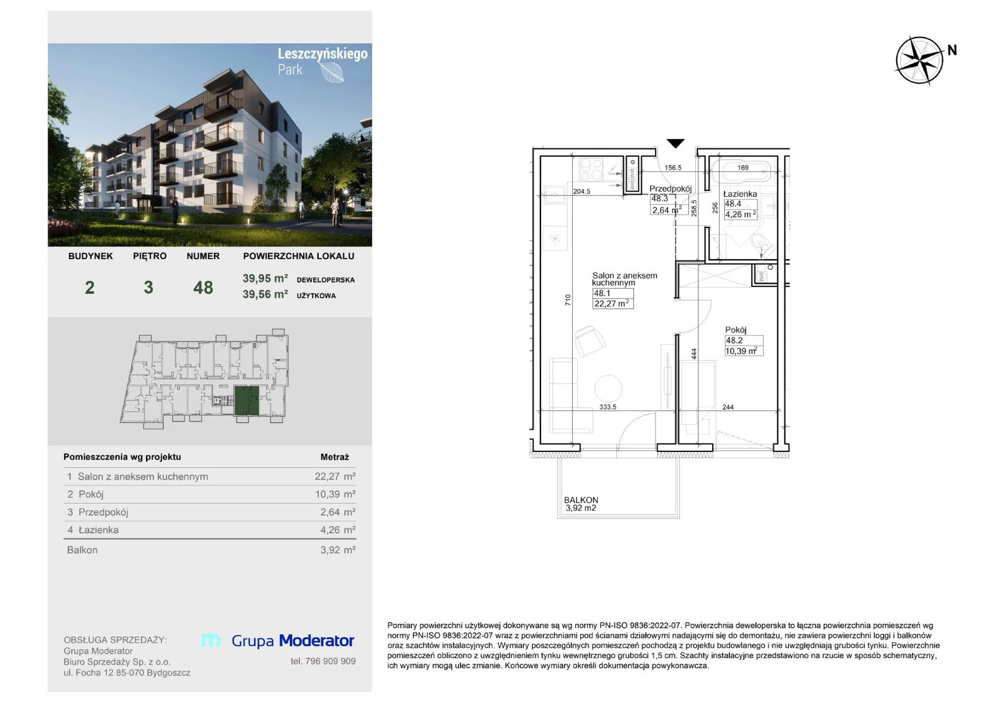 Mieszkanie 39,50 m², piętro 3, oferta nr III/48, Leszczyńskiego Park, Bydgoszcz, Szwederowo, ul. Leszczyńskiego