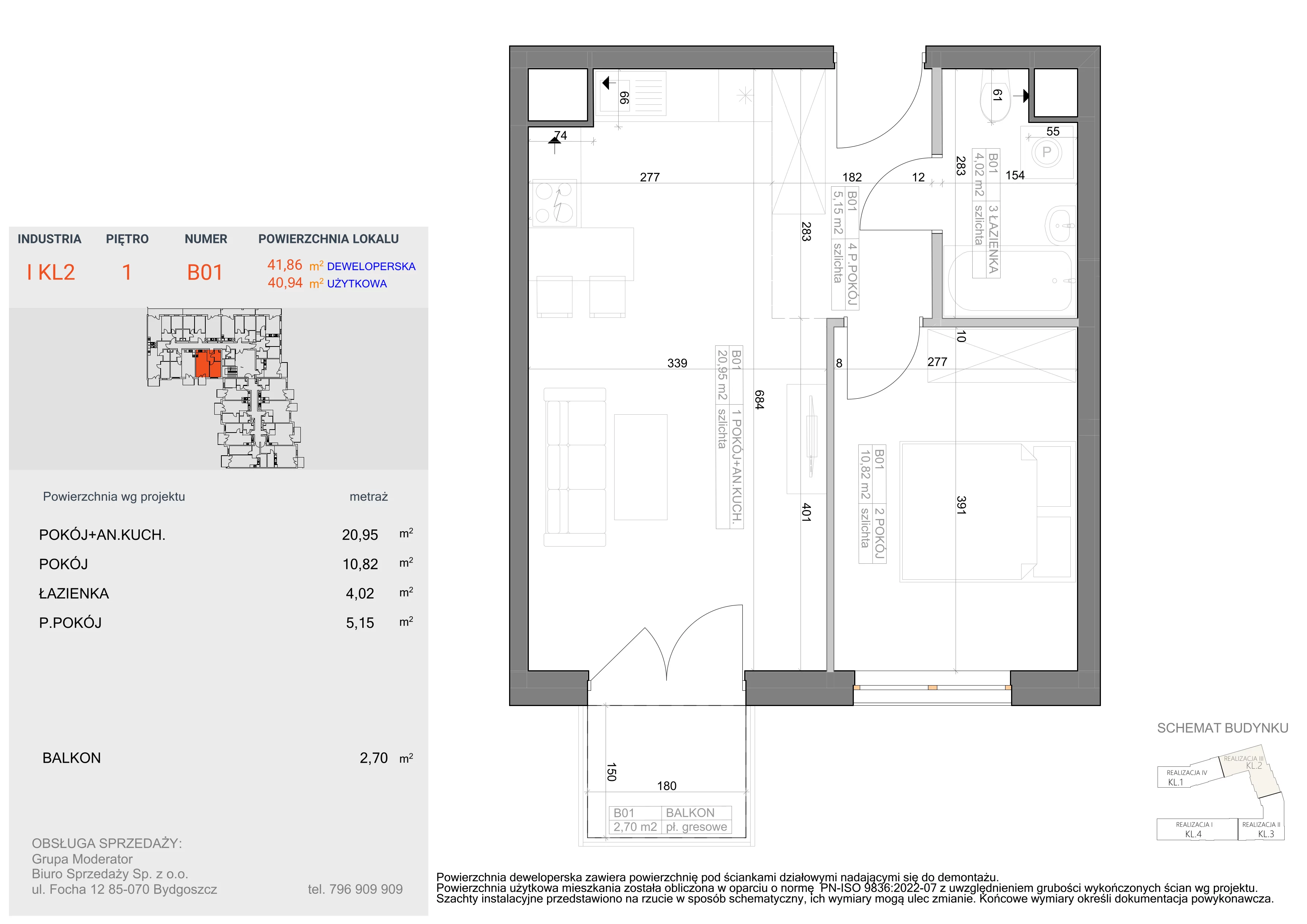 2 pokoje, mieszkanie 40,94 m², piętro 1, oferta nr I-B1, Industria II, Bydgoszcz, Bocianowo, ul. Rycerska 22