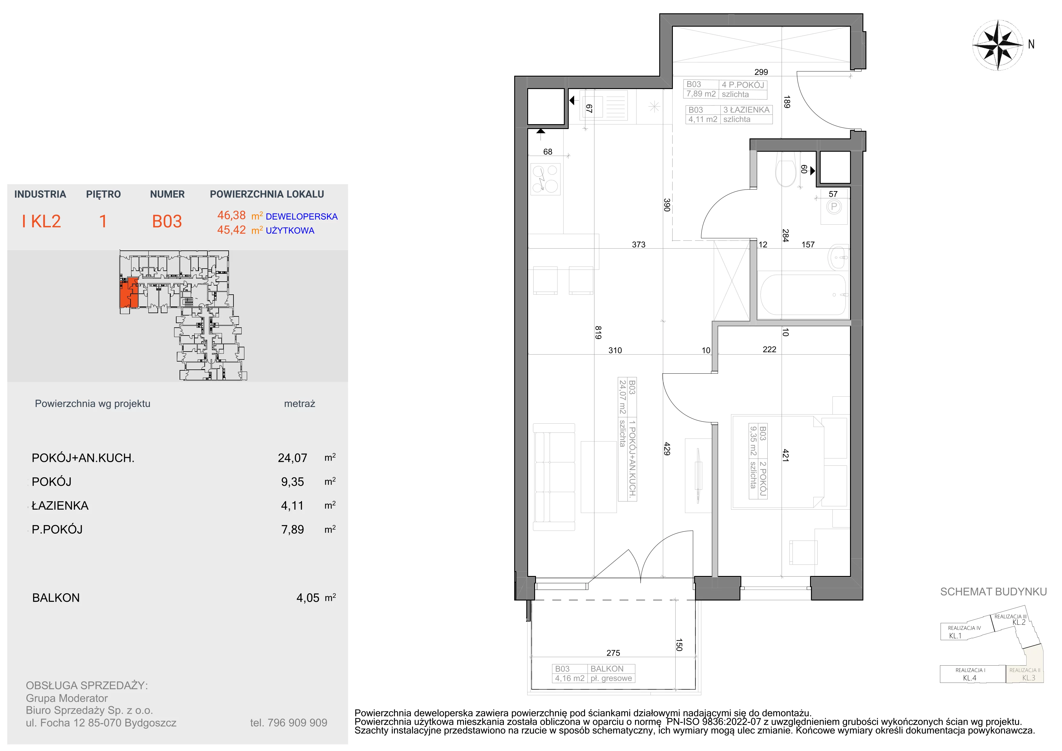 2 pokoje, mieszkanie 45,42 m², piętro 1, oferta nr I-B3, Industria II, Bydgoszcz, Bocianowo, ul. Rycerska 22