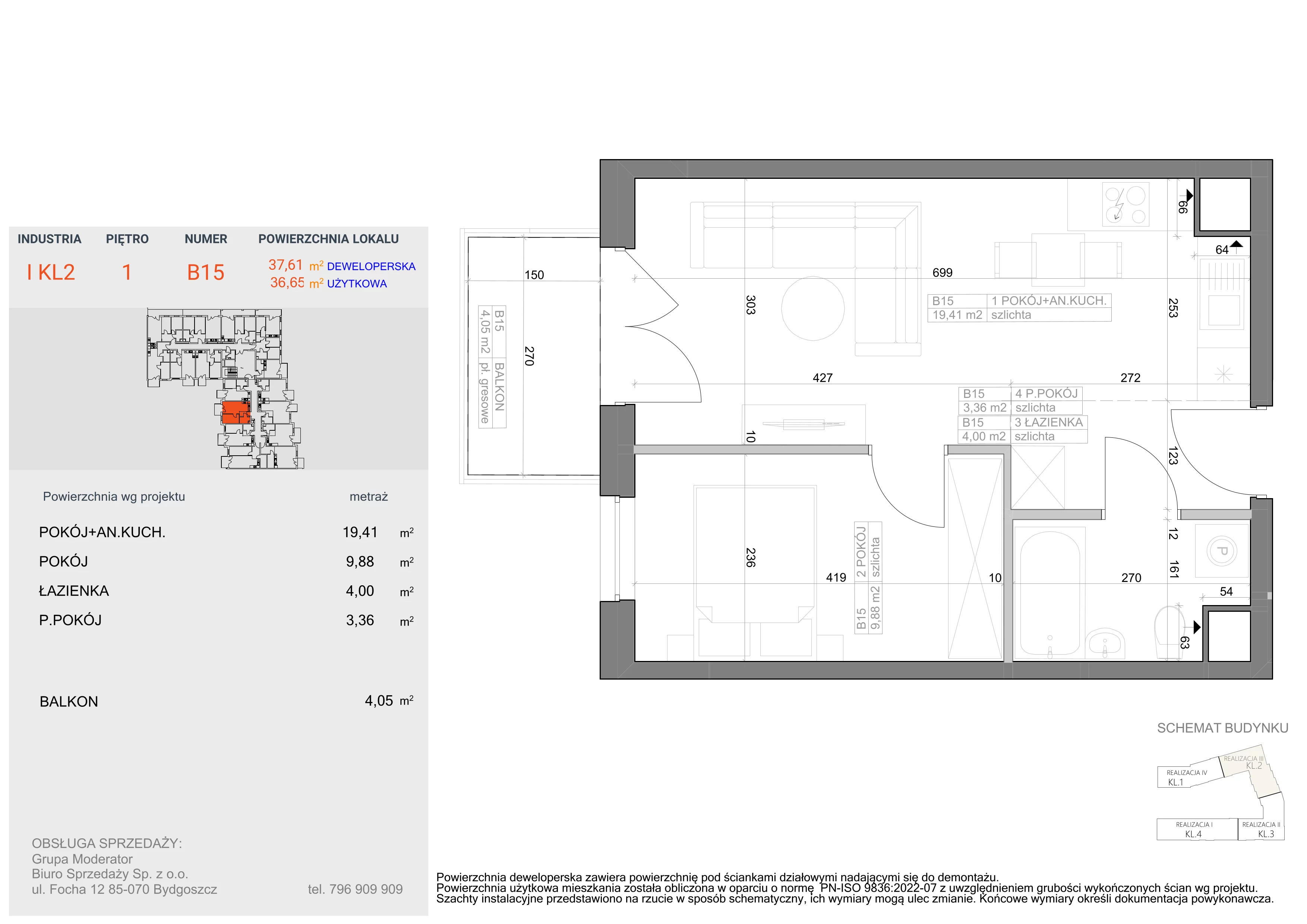 2 pokoje, mieszkanie 36,65 m², piętro 1, oferta nr I-B15, Industria II, Bydgoszcz, Bocianowo, ul. Rycerska 22