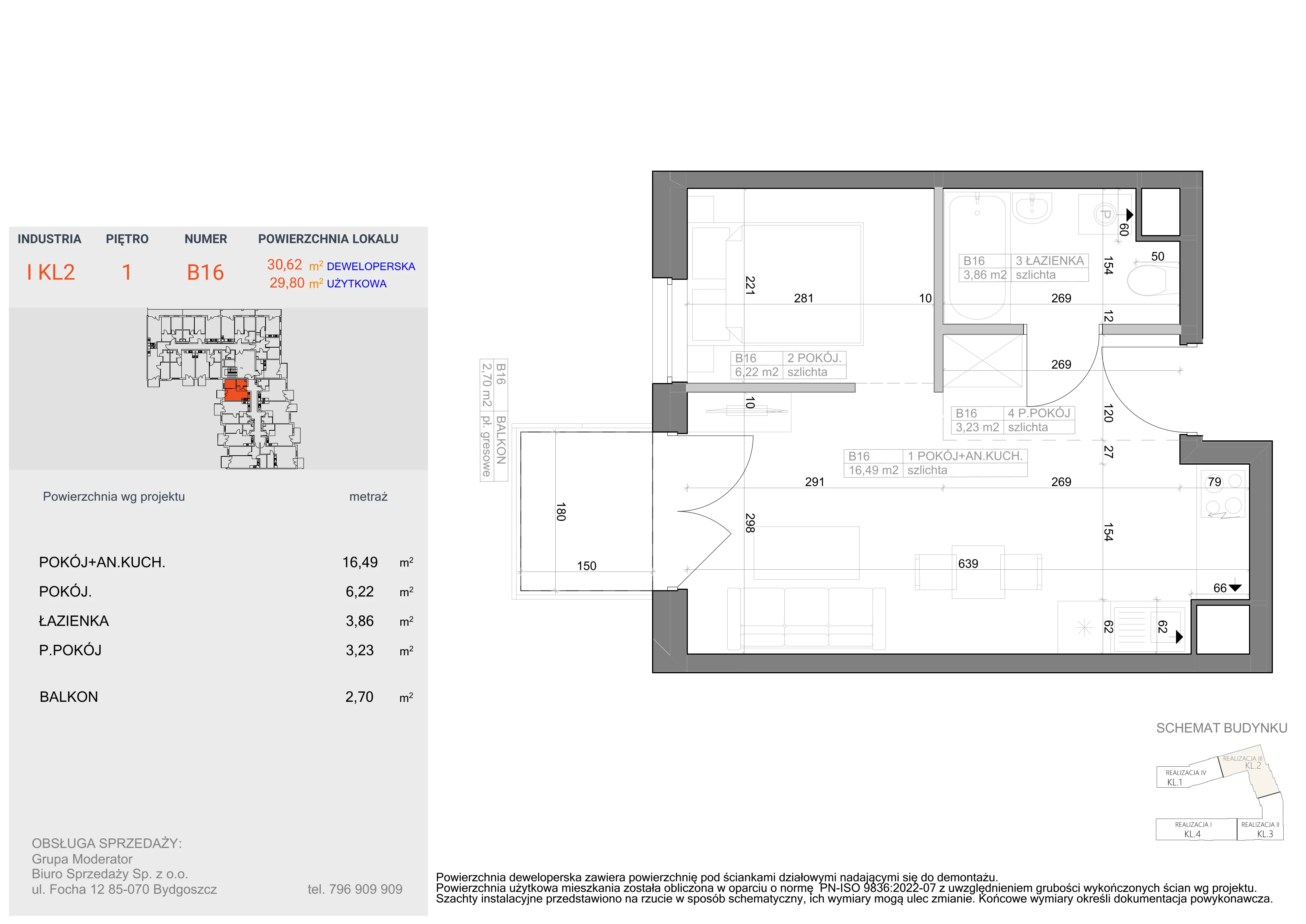 2 pokoje, mieszkanie 29,80 m², piętro 1, oferta nr I-B16, Industria II, Bydgoszcz, Bocianowo, ul. Rycerska 22