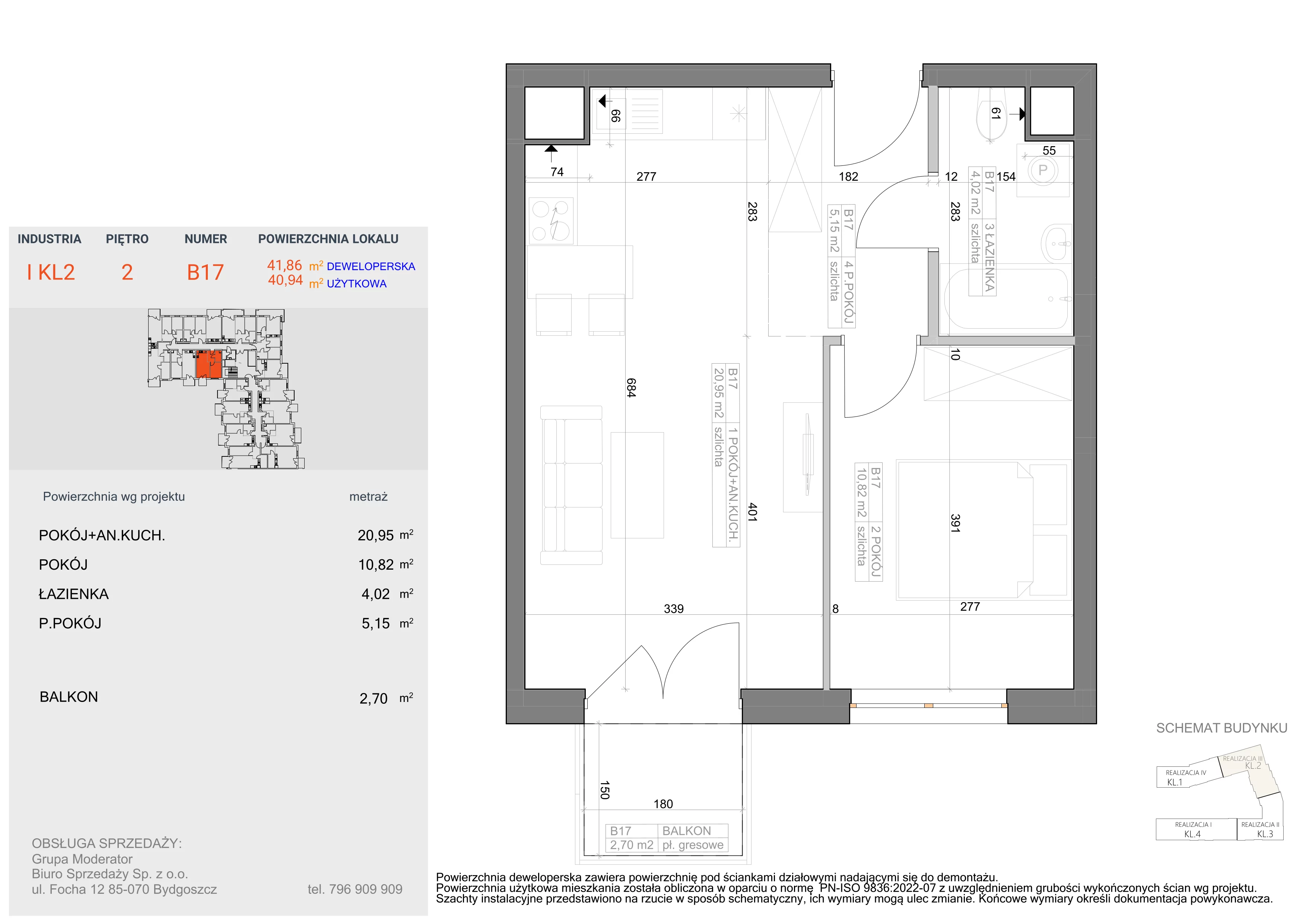2 pokoje, mieszkanie 40,94 m², piętro 2, oferta nr I-B17, Industria II, Bydgoszcz, Bocianowo, ul. Rycerska 22