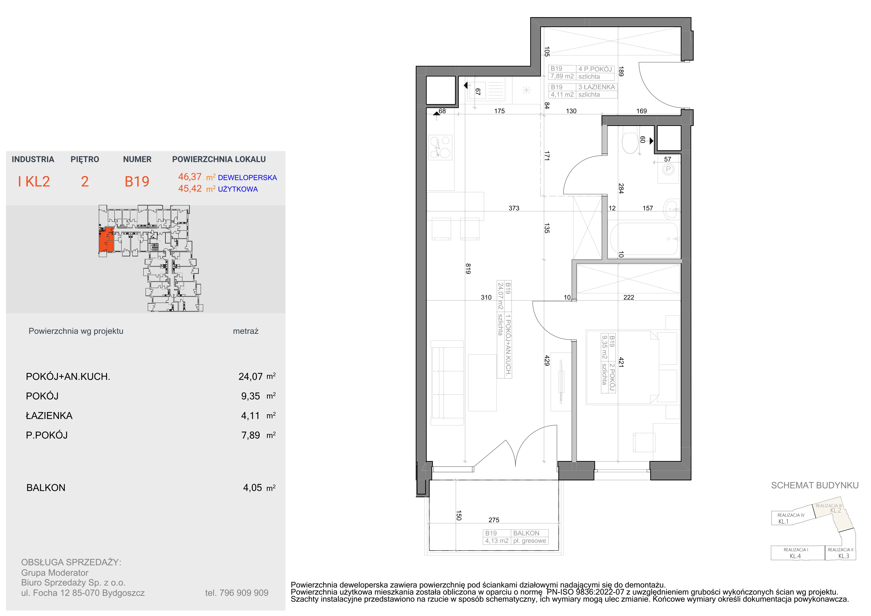 2 pokoje, mieszkanie 45,42 m², piętro 2, oferta nr I-B19, Industria II, Bydgoszcz, Bocianowo, ul. Rycerska 22