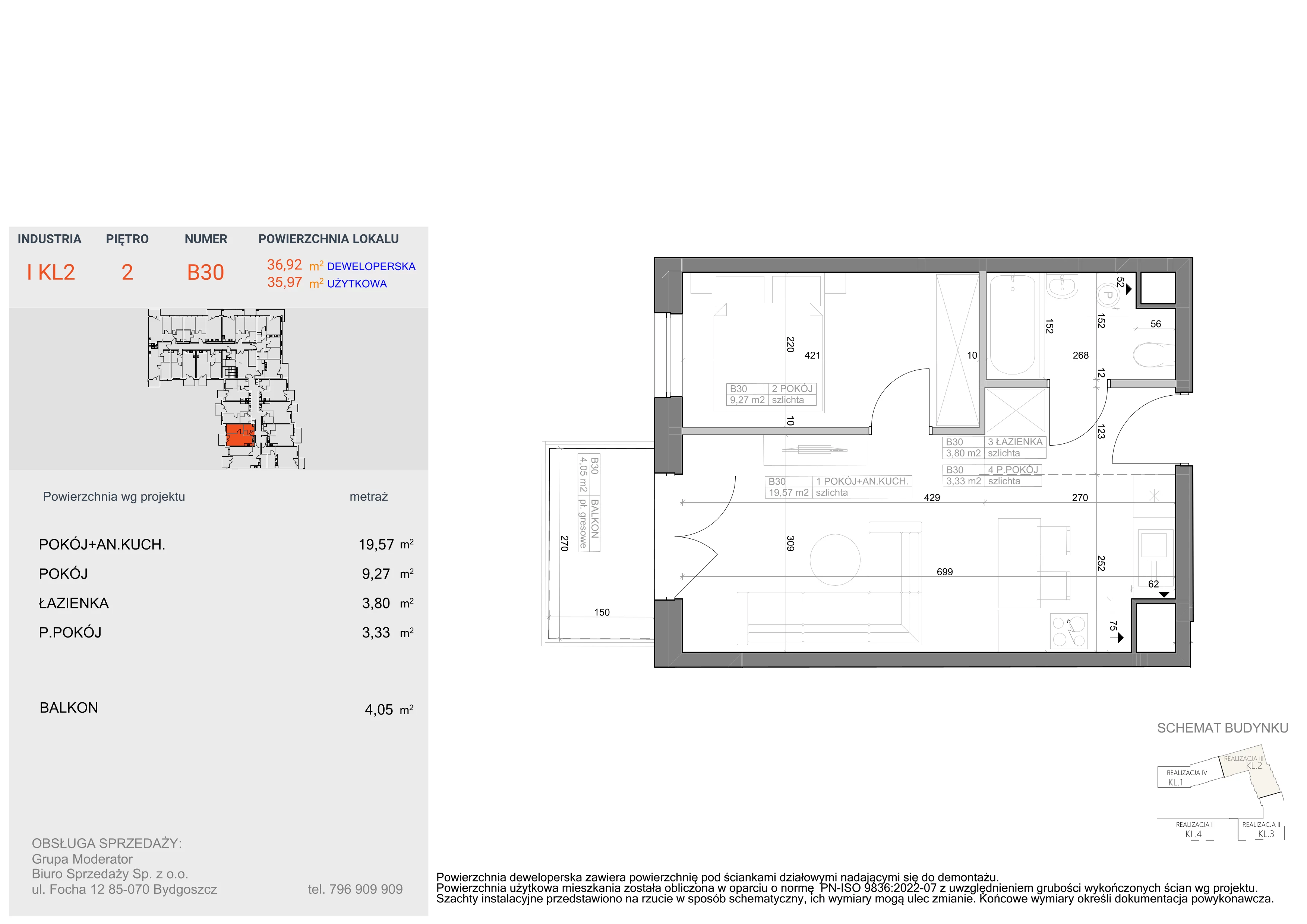 2 pokoje, mieszkanie 35,97 m², piętro 2, oferta nr I-B30, Industria II, Bydgoszcz, Bocianowo, ul. Rycerska 22