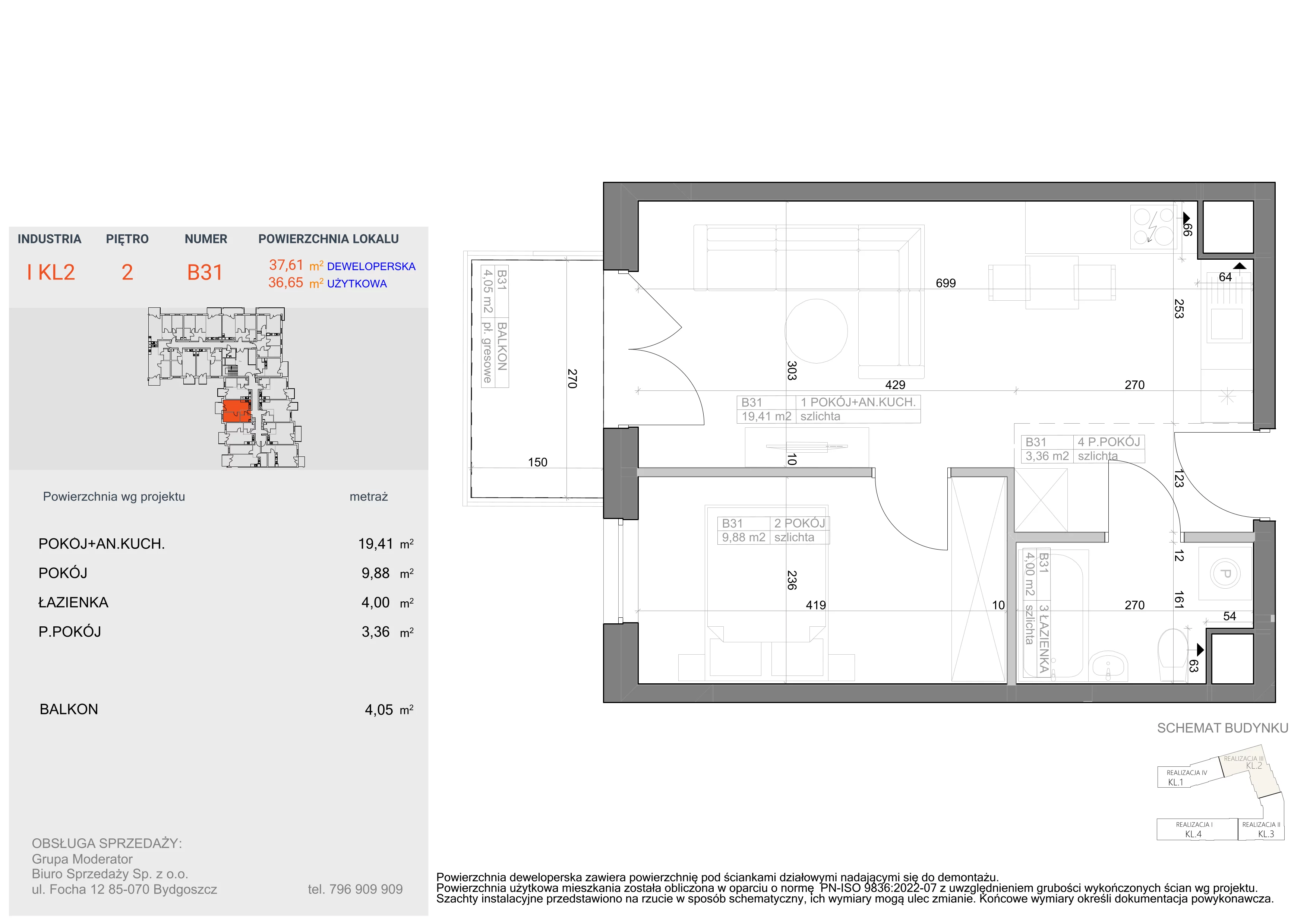 2 pokoje, mieszkanie 36,65 m², piętro 2, oferta nr I-B31, Industria II, Bydgoszcz, Bocianowo, ul. Rycerska 22