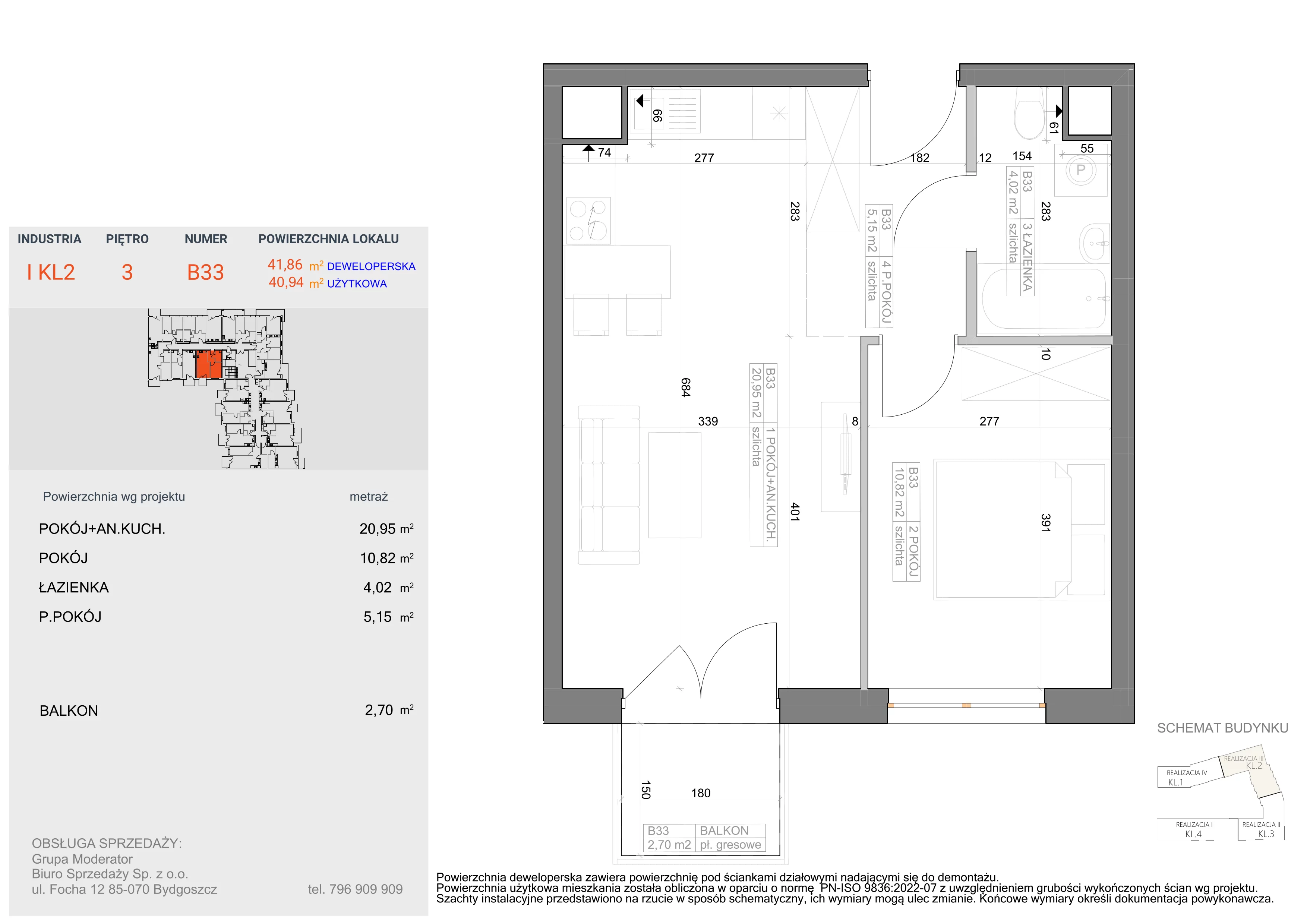 2 pokoje, mieszkanie 40,94 m², piętro 3, oferta nr I-B33, Industria II, Bydgoszcz, Bocianowo, ul. Rycerska 22