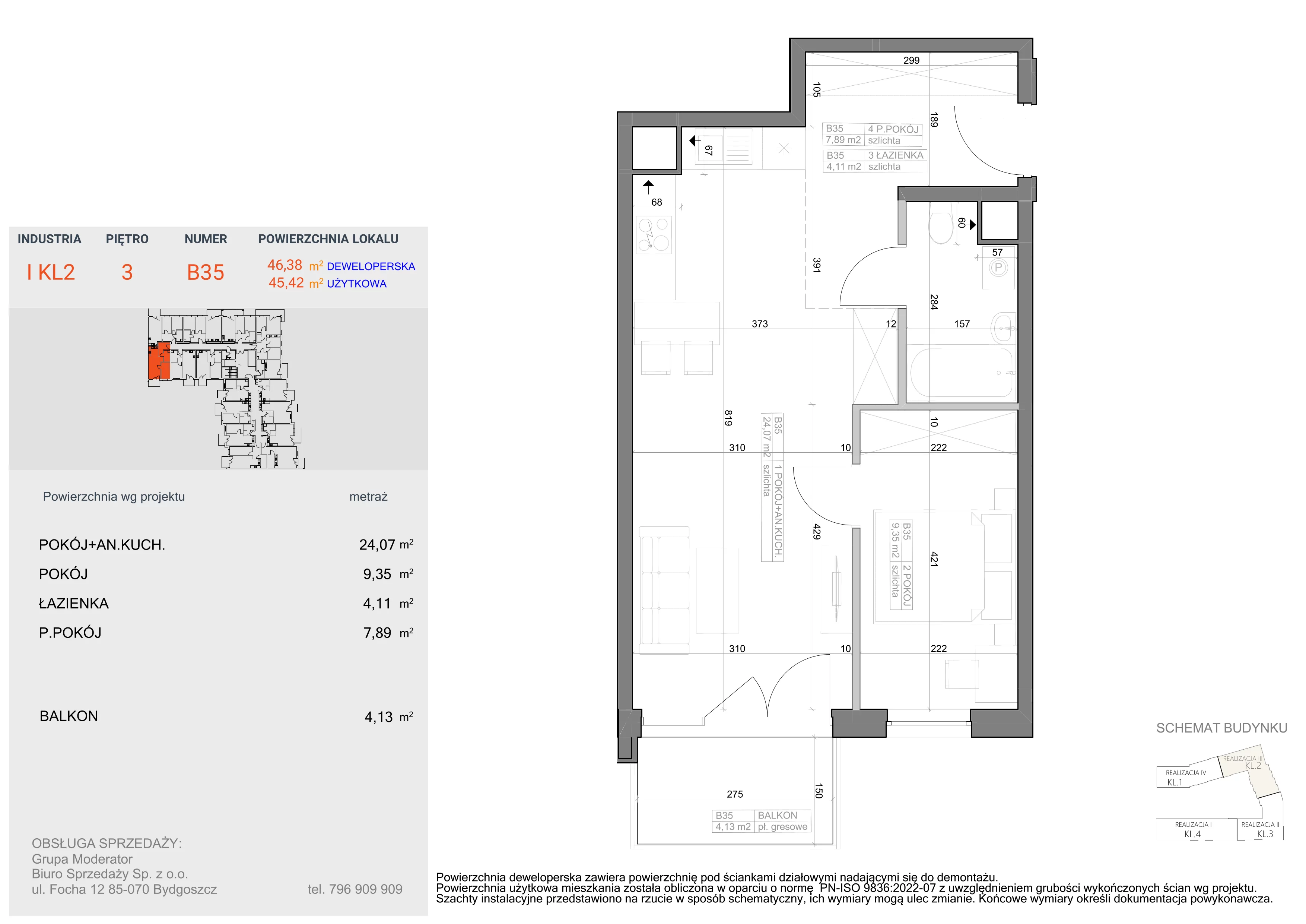 2 pokoje, mieszkanie 45,42 m², piętro 3, oferta nr I-B35, Industria II, Bydgoszcz, Bocianowo, ul. Rycerska 22