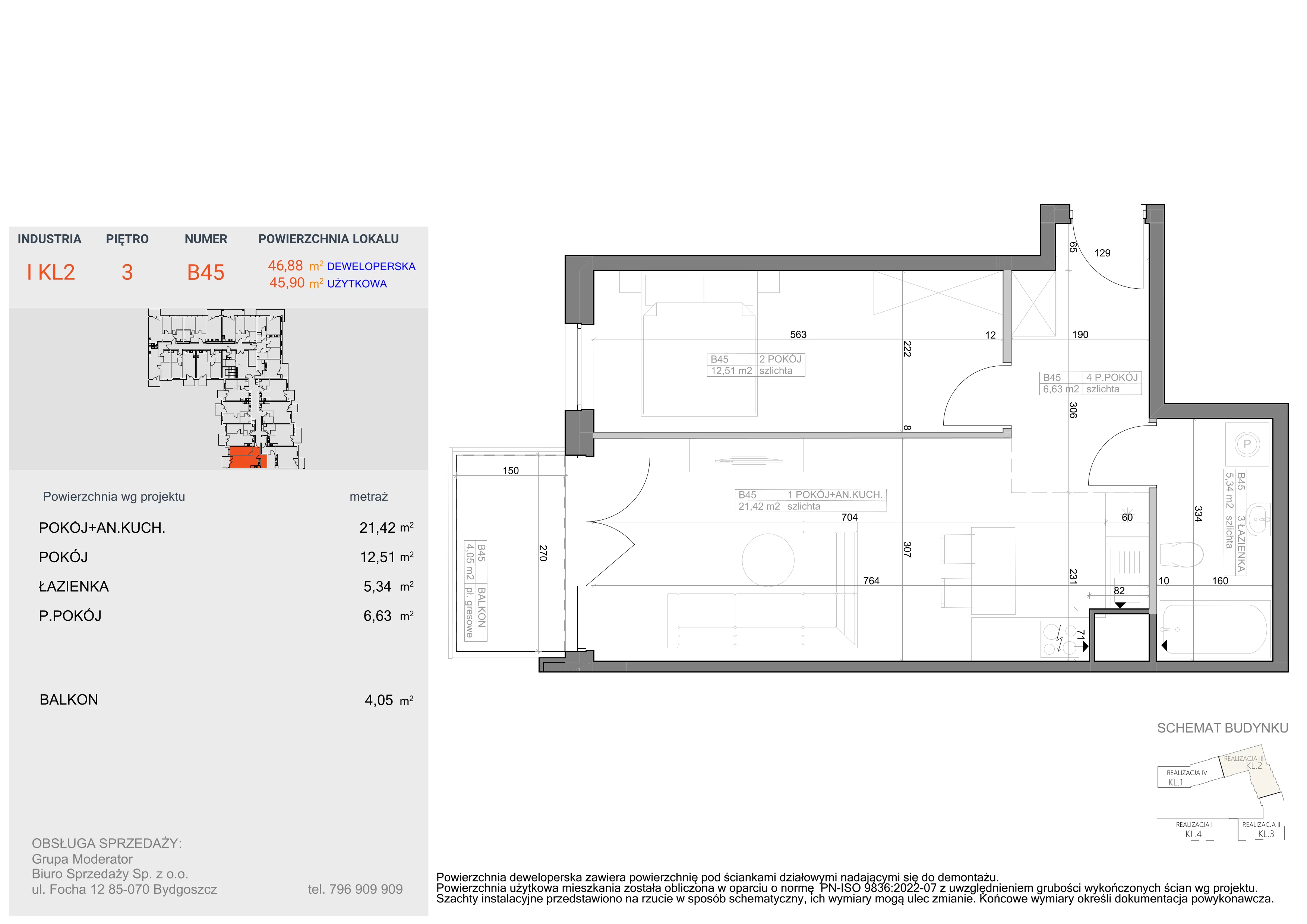 2 pokoje, mieszkanie 45,90 m², piętro 3, oferta nr I-B45, Industria II, Bydgoszcz, Bocianowo, ul. Rycerska 22