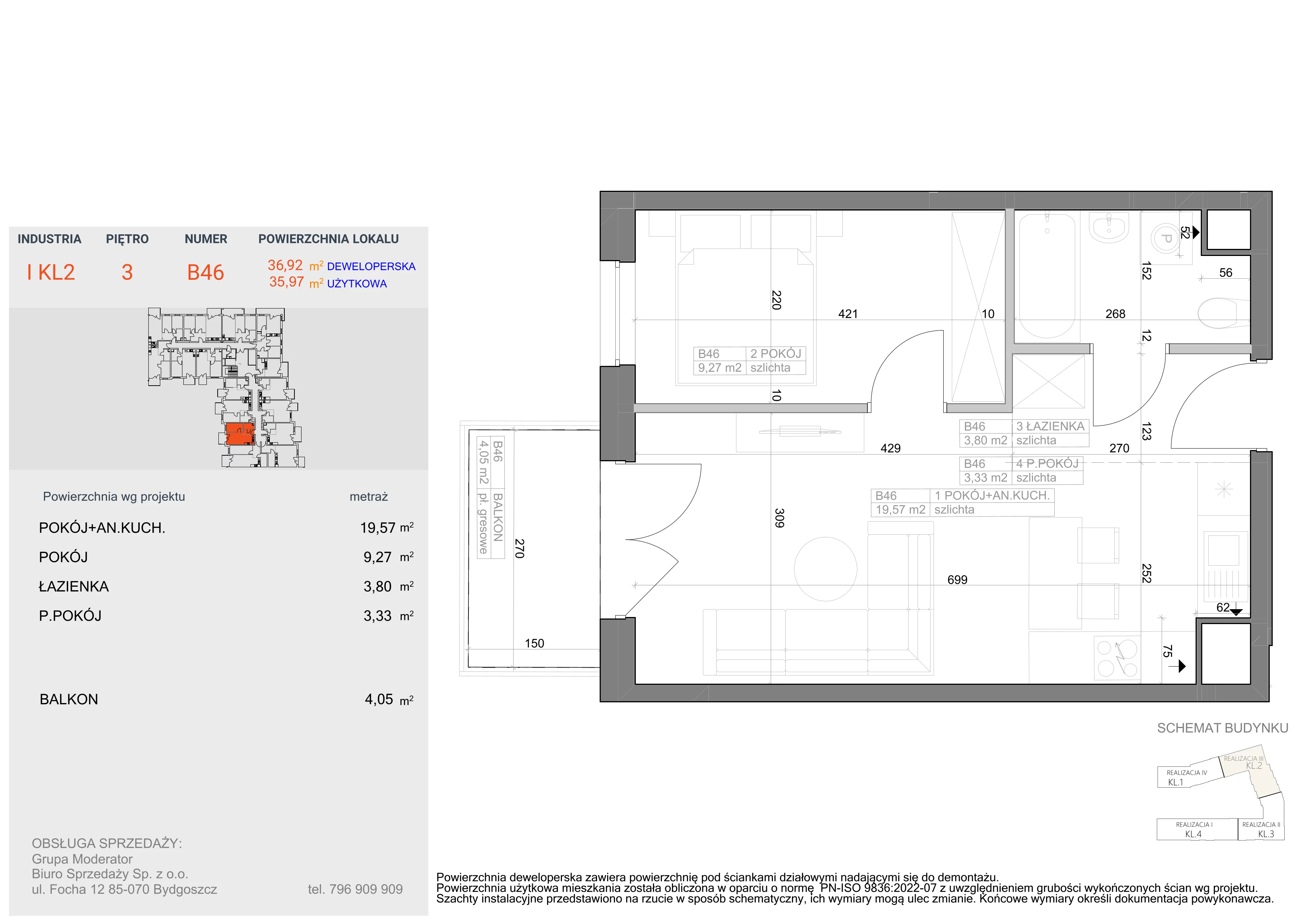2 pokoje, mieszkanie 35,97 m², piętro 3, oferta nr I-B46, Industria II, Bydgoszcz, Bocianowo, ul. Rycerska 22