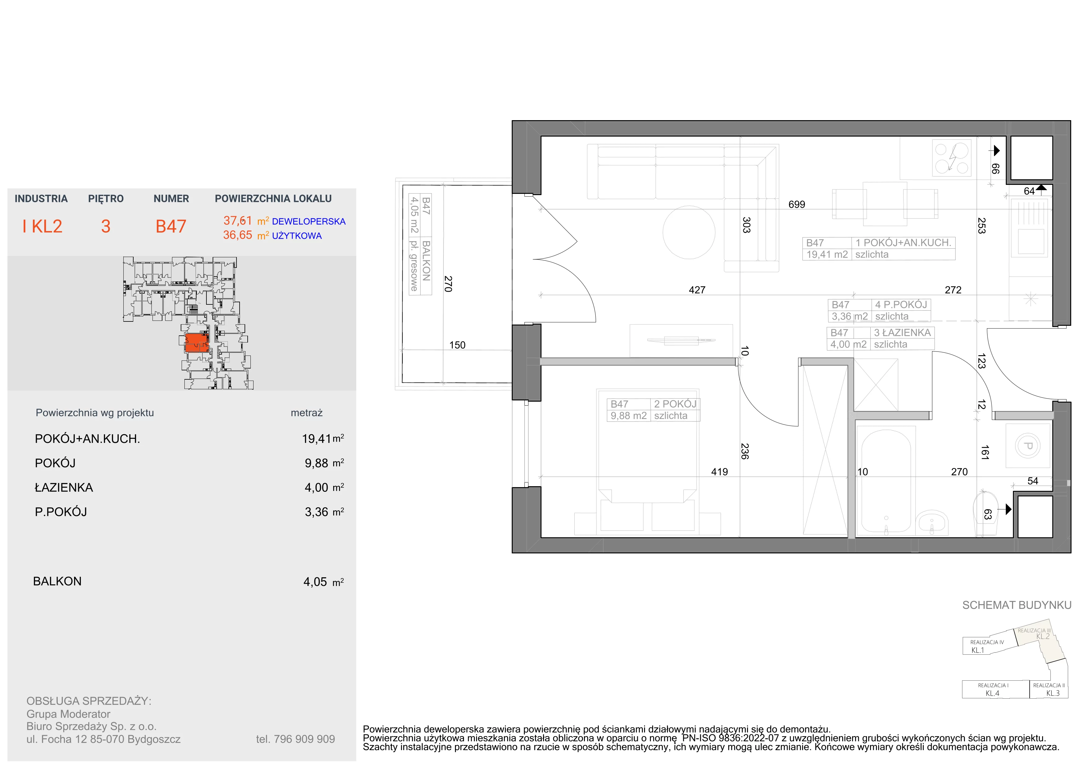 2 pokoje, mieszkanie 36,65 m², piętro 3, oferta nr I-B47, Industria II, Bydgoszcz, Bocianowo, ul. Rycerska 22