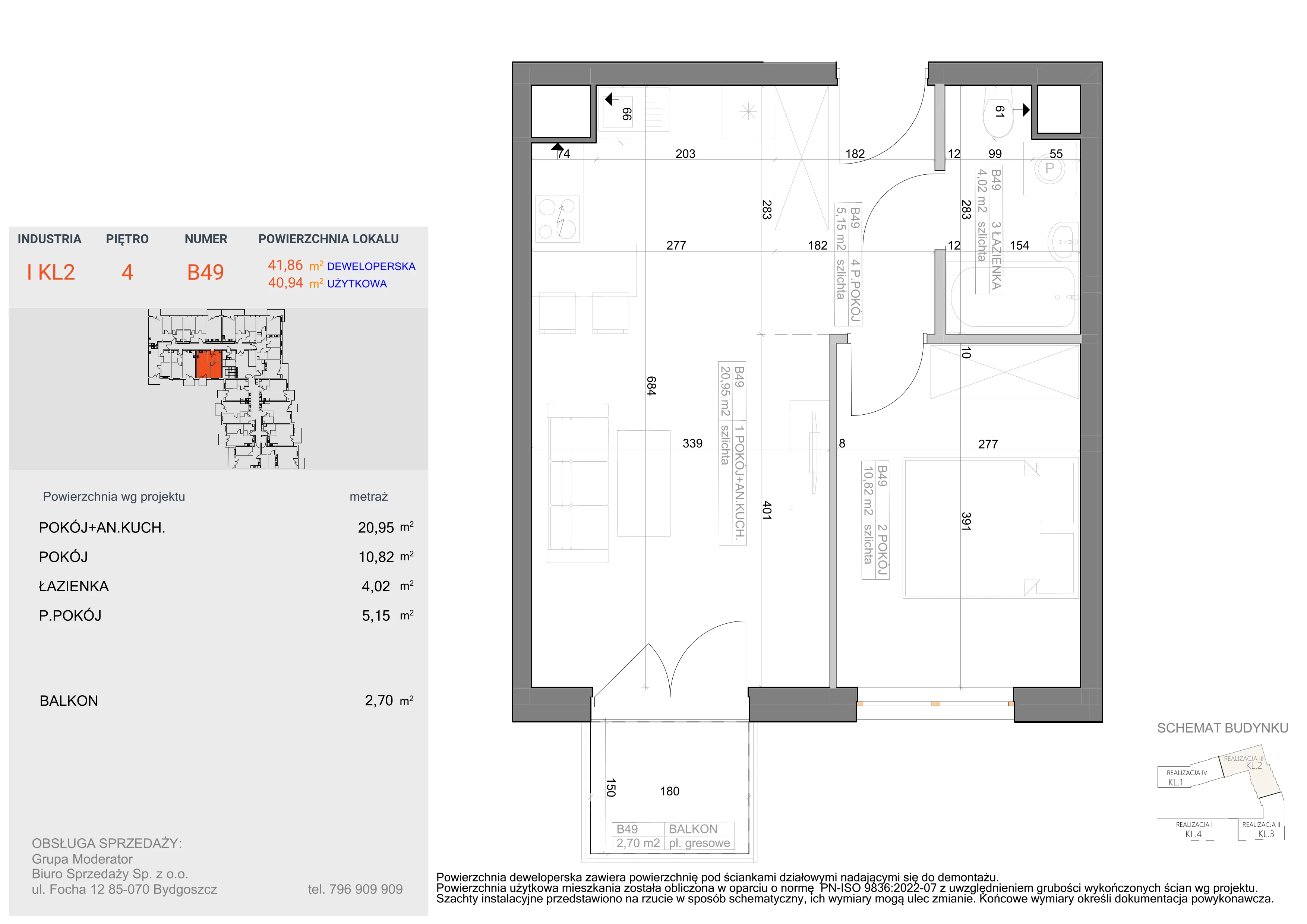 2 pokoje, mieszkanie 40,94 m², piętro 4, oferta nr I-B49, Industria II, Bydgoszcz, Bocianowo, ul. Rycerska 22