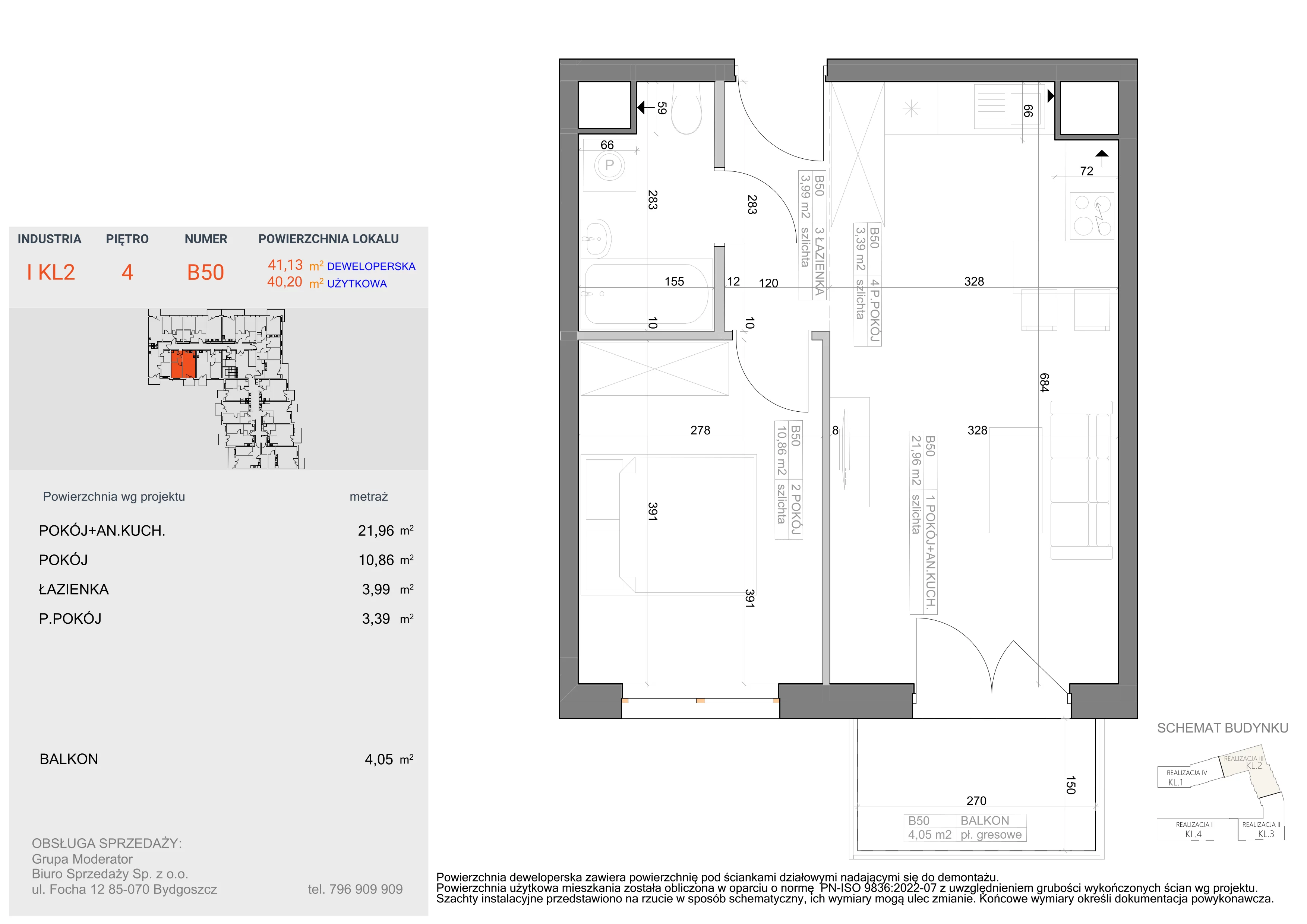2 pokoje, mieszkanie 40,20 m², piętro 4, oferta nr I-B50, Industria II, Bydgoszcz, Bocianowo, ul. Rycerska 22