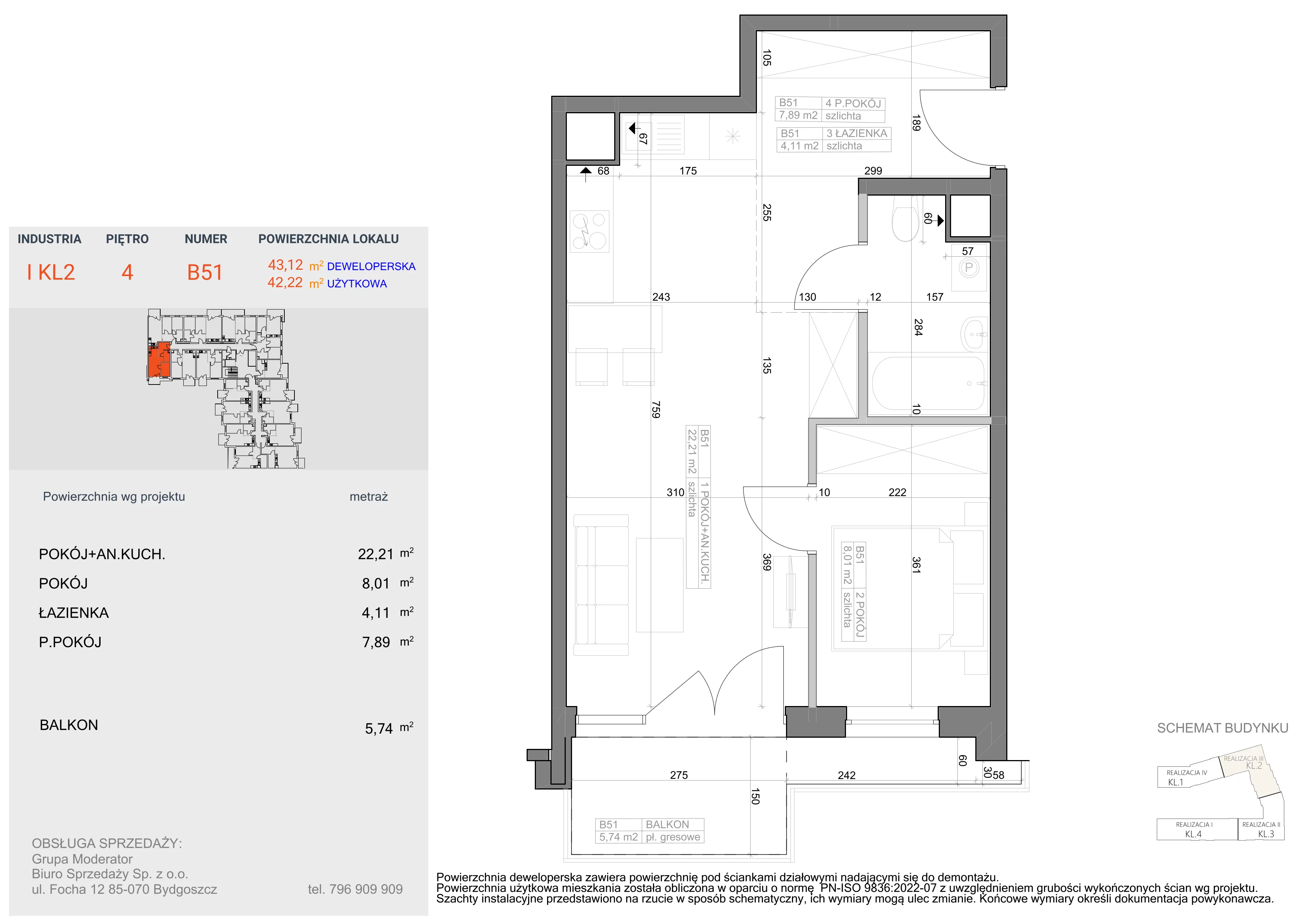 2 pokoje, mieszkanie 42,22 m², piętro 4, oferta nr I-B51, Industria II, Bydgoszcz, Bocianowo, ul. Rycerska 22