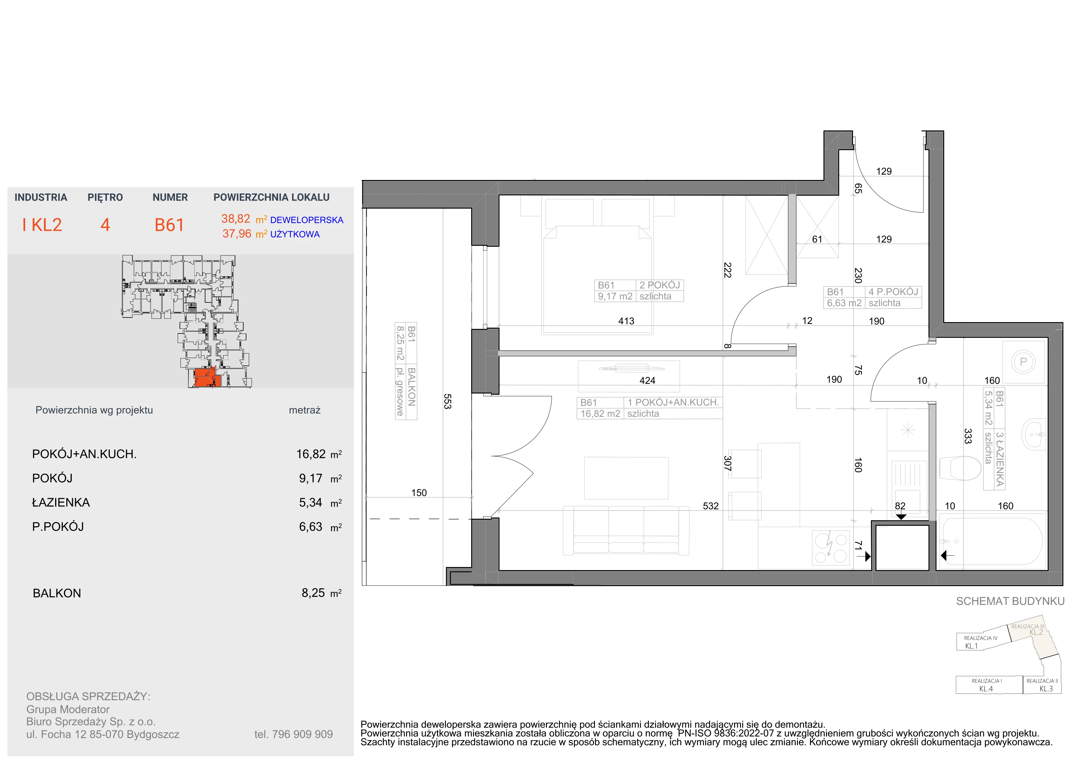 2 pokoje, mieszkanie 37,96 m², piętro 4, oferta nr I-B61, Industria II, Bydgoszcz, Bocianowo, ul. Rycerska 22